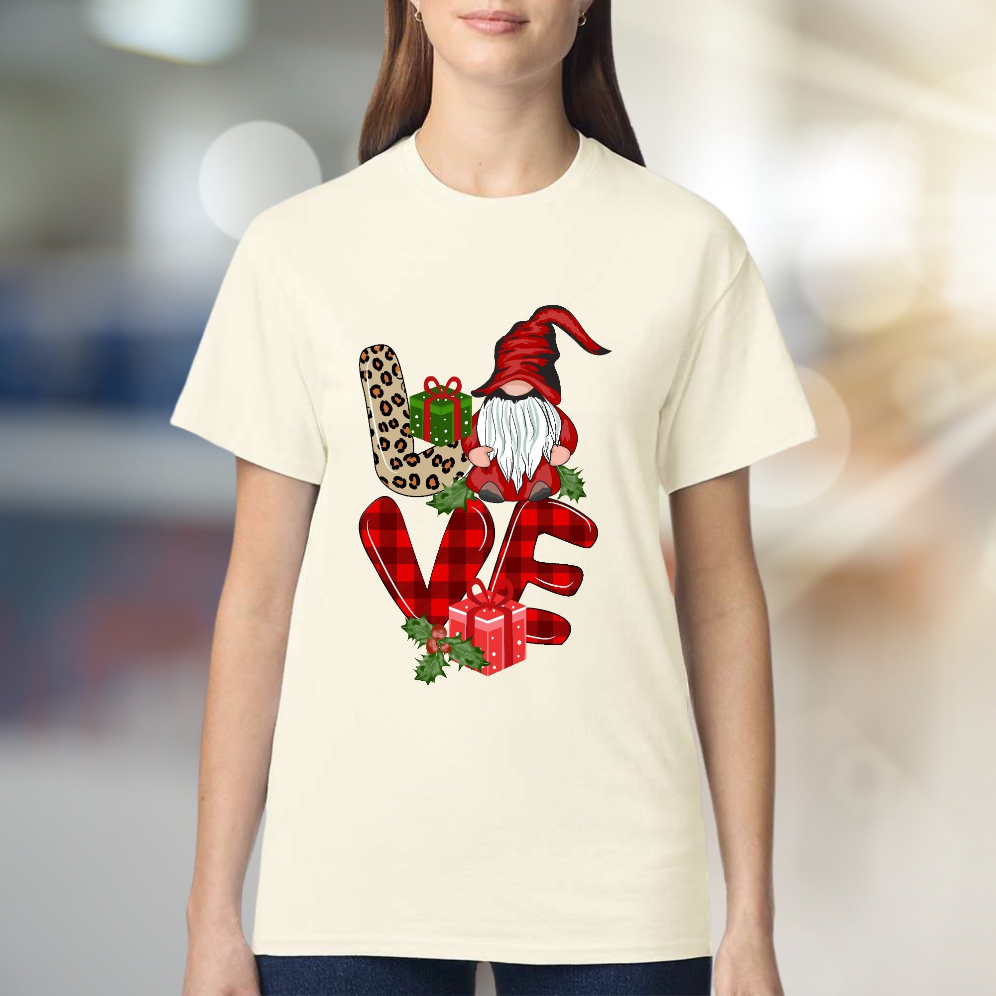 "LOVE" Gnome Leopard Plaid Graphic Tee, a Festive Holiday Gift for Her