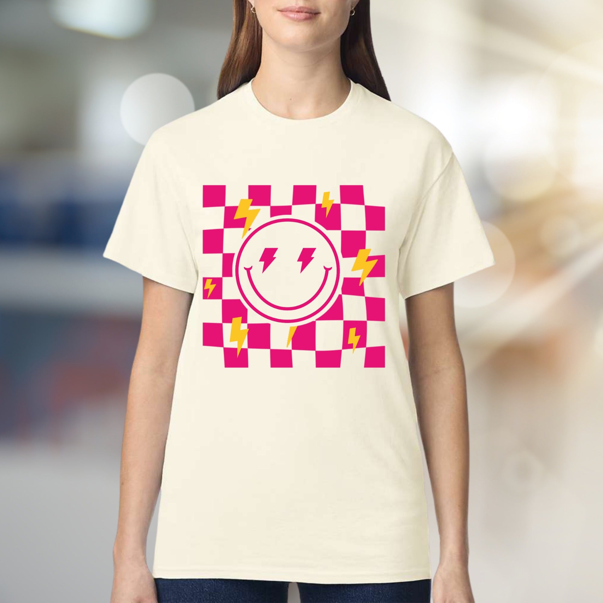 Neon Checkerboard Lightning Smiley Face Graphic Tee, a Bold Y2K Pick for Trendsetters