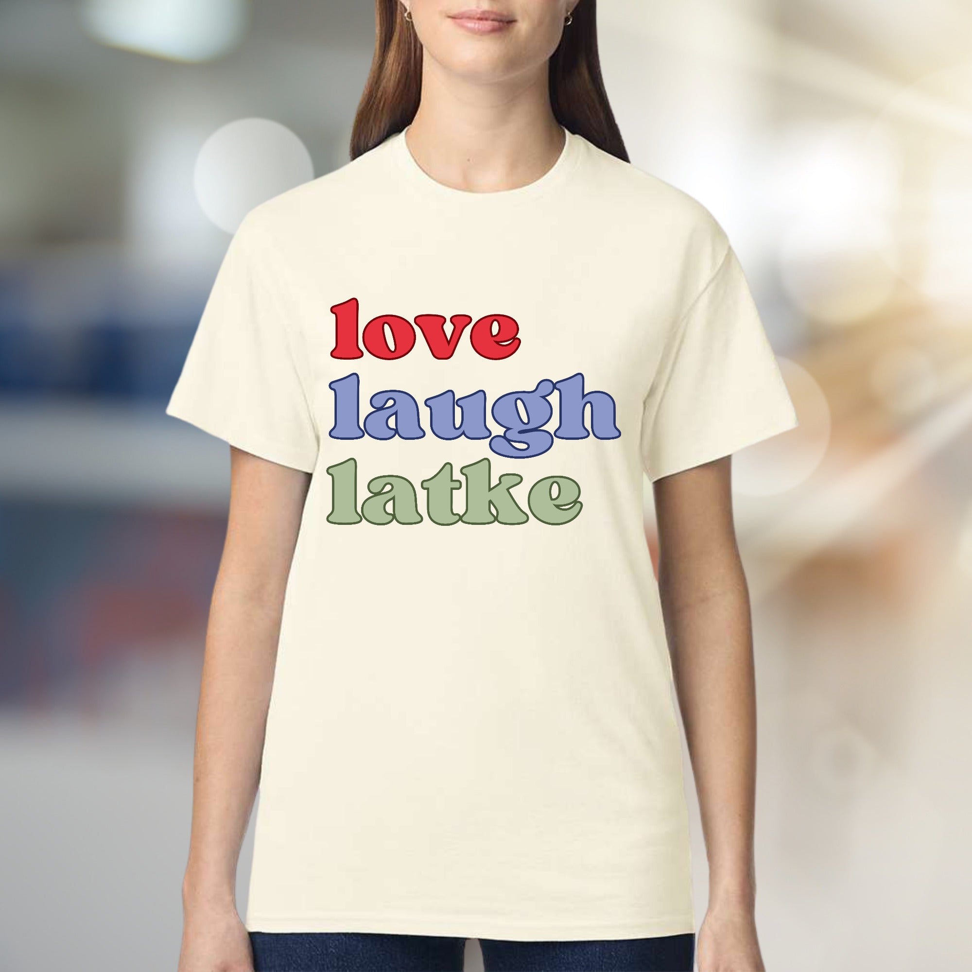 "love laugh latke" Whimsical Foodie Graphic Tee, a Humorous Pick for Latke Lovers