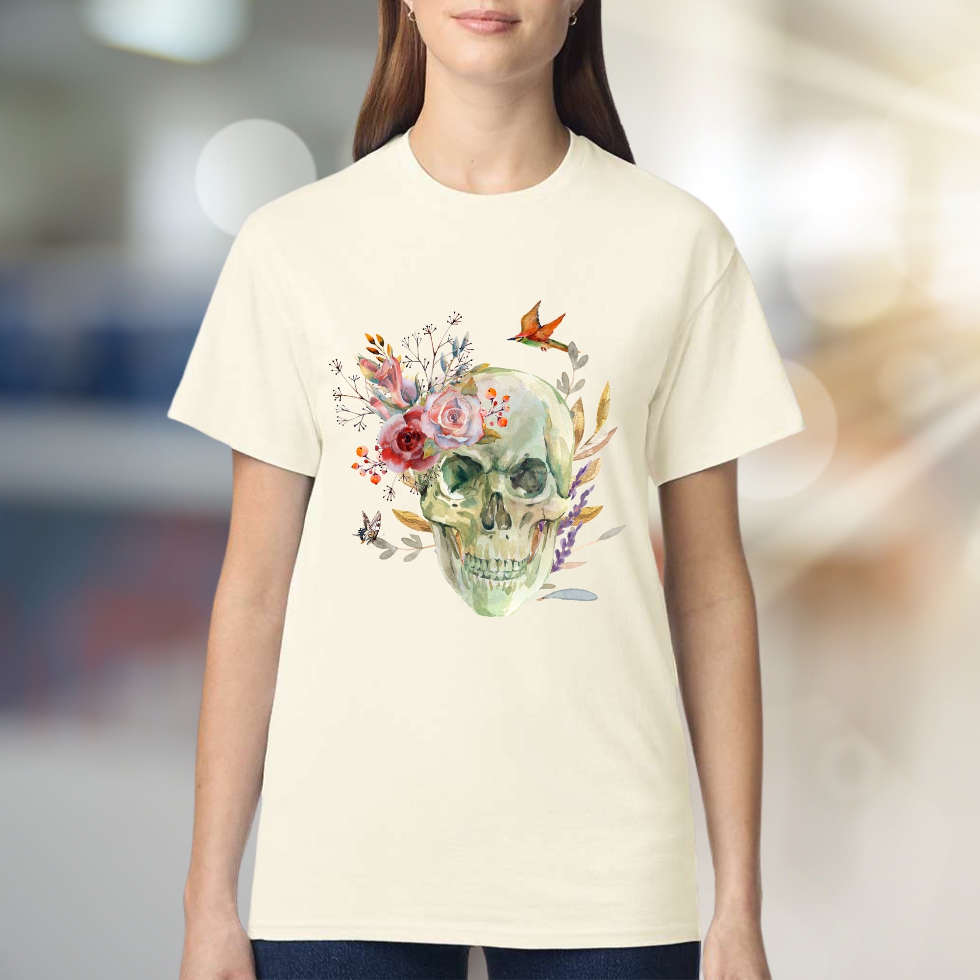 Floral Skull Watercolor Graphic Tee, a Nature-Inspired Pick for Art Lovers