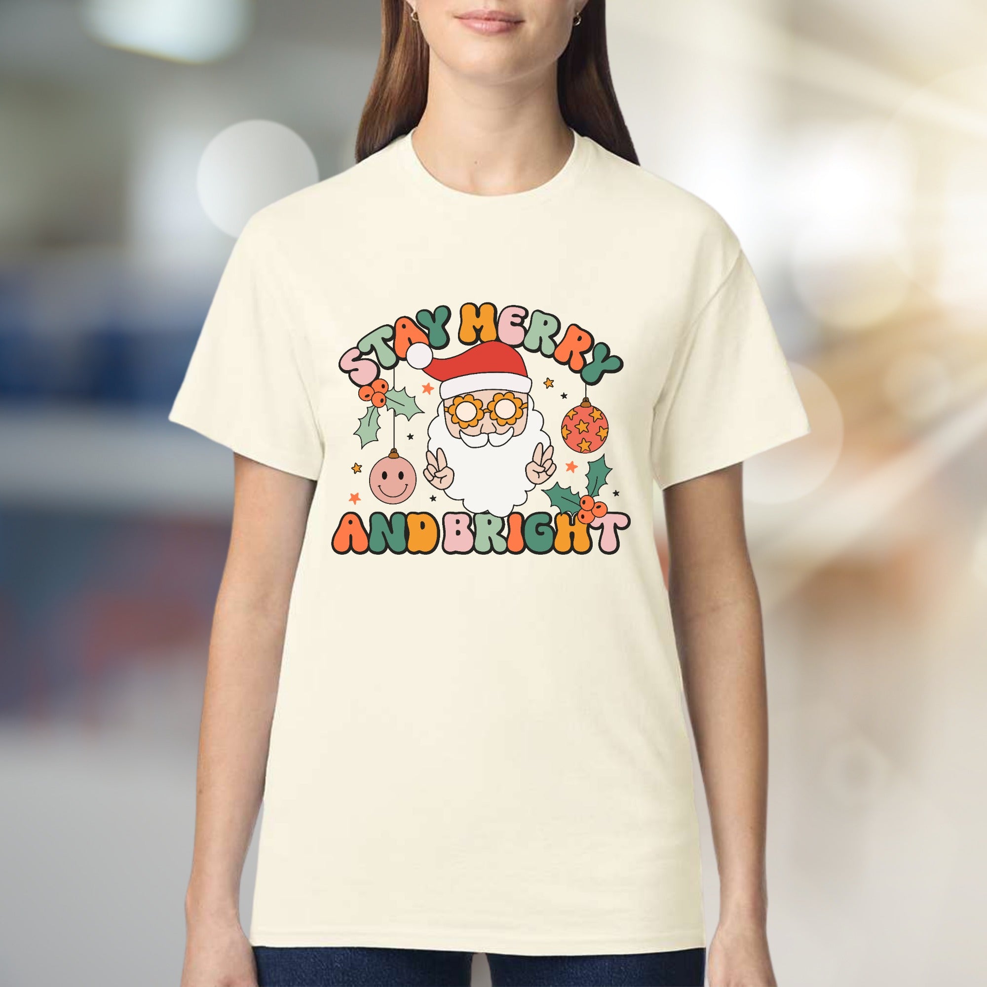 "Stay Merry And Bright" Retro Santa Graphic Tee, a Groovy Holiday Pick for Everyone