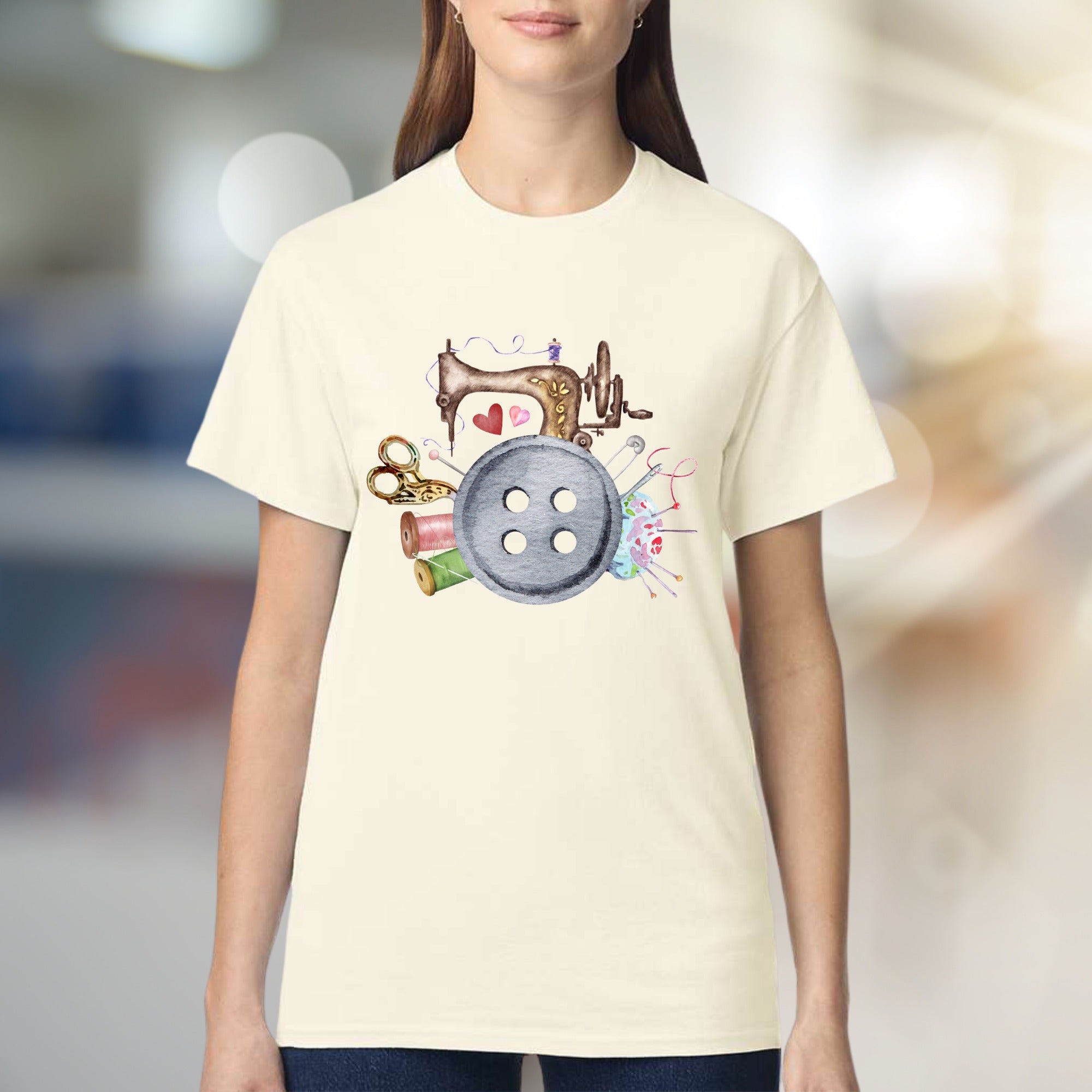 Sewing Machine & Crafty Button Graphic Tee, a Hobbyist's Style Pick for Creators