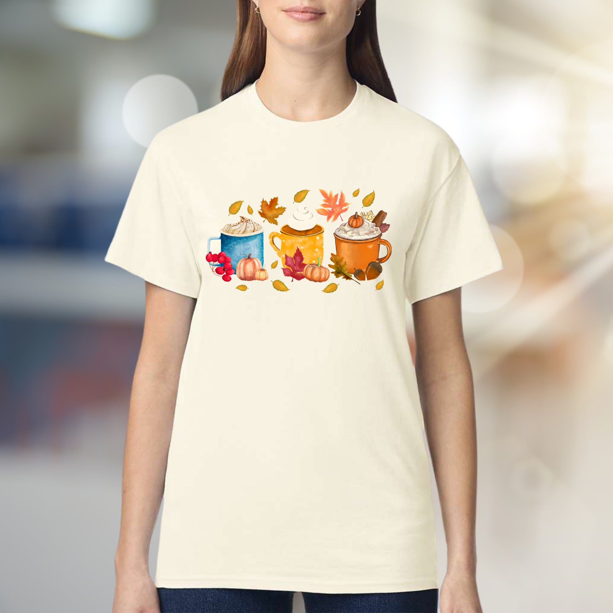 Autumn Coffee Mug Collage Graphic Tee, a Cozy Fall Fashion Pick for PSL Lovers