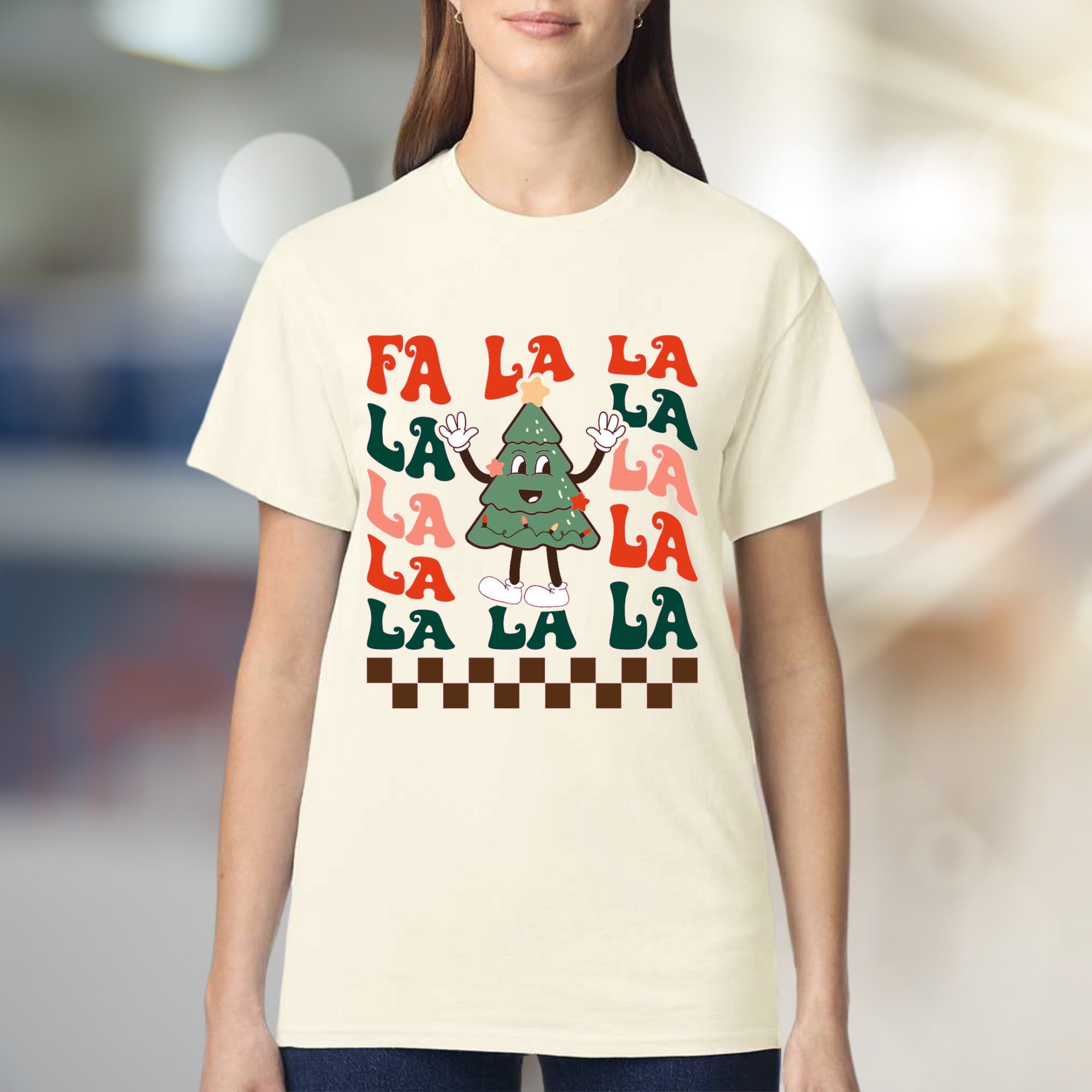 "FA LA LA" Retro Christmas Tree Graphic Tee, A Festive Holiday Pick for Enthusiasts