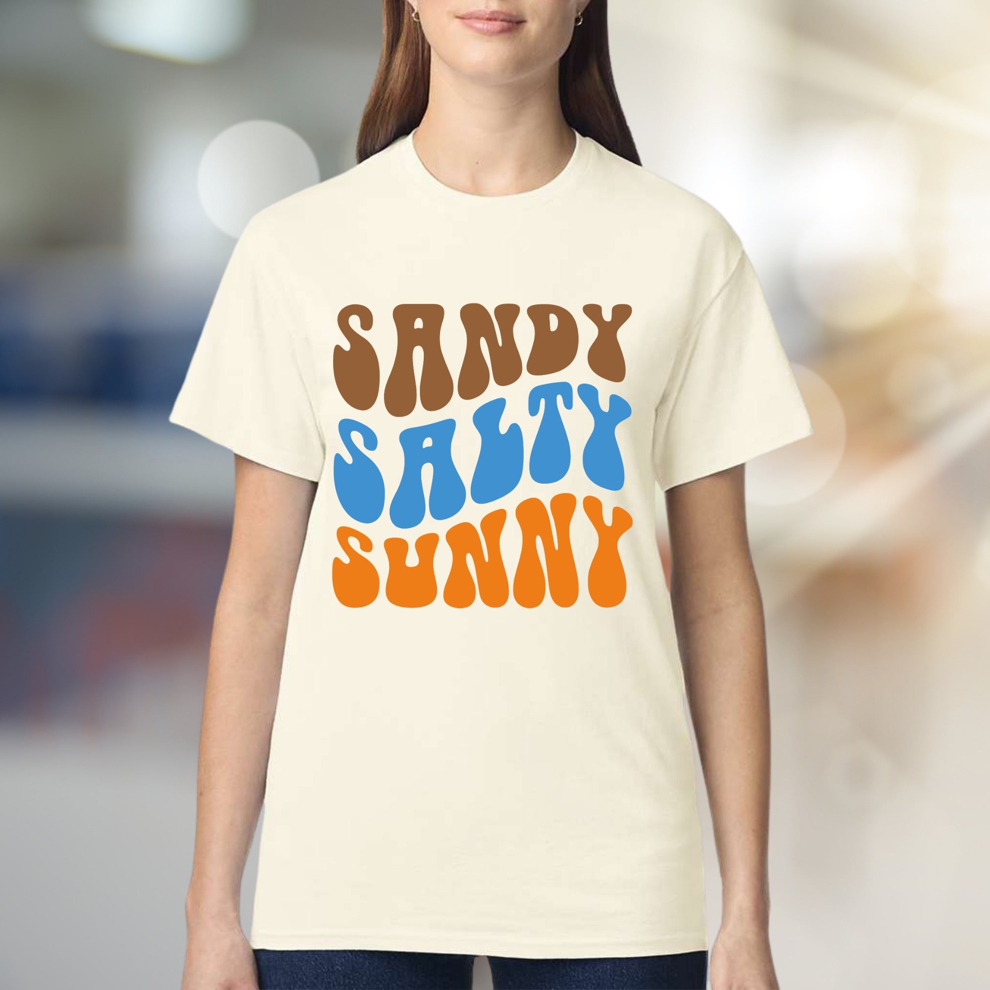 "Sandy Salty Sunny" Retro Summer Graphic Tee, a Beach Lover's Relaxed Pick