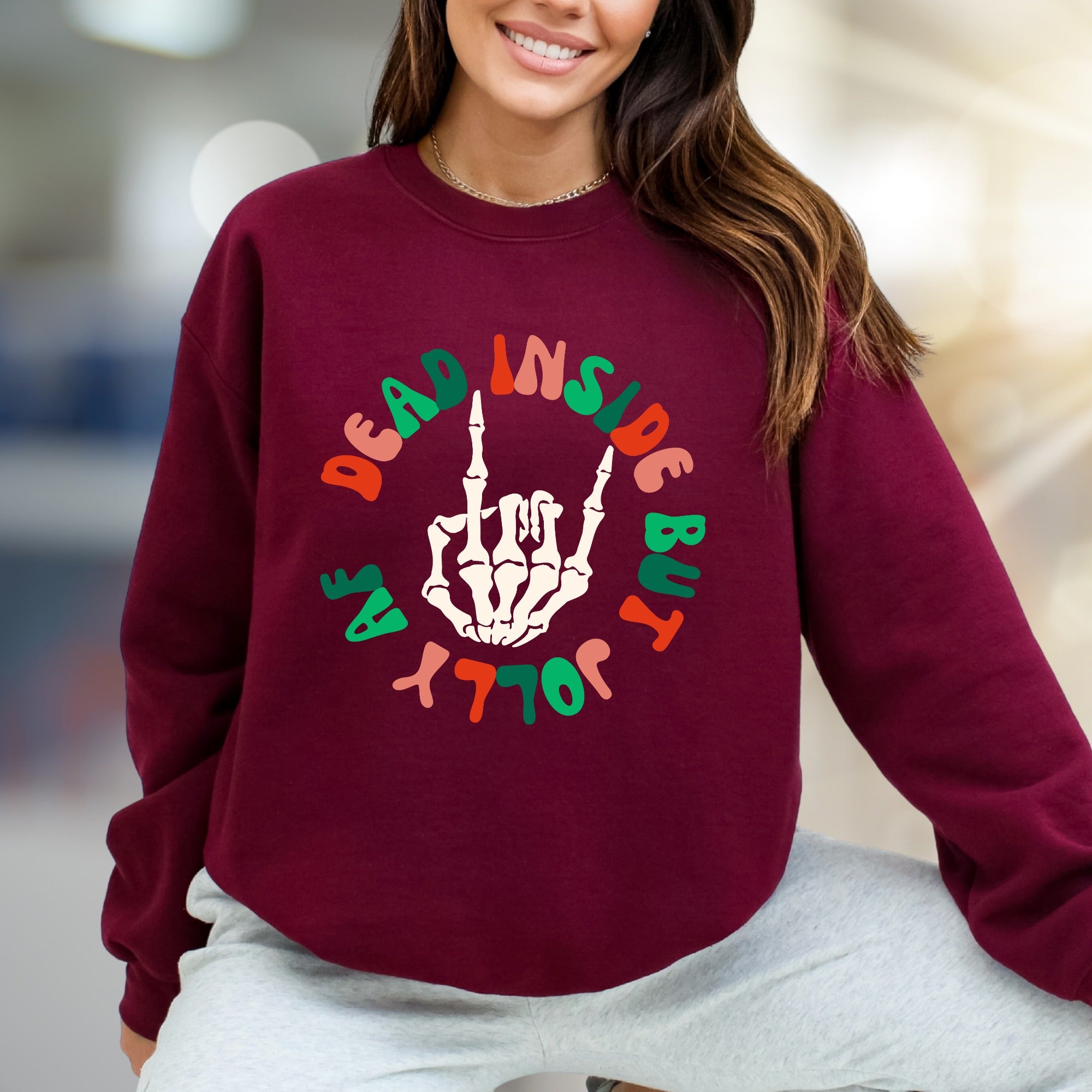 "Dead Inside But Jolly" Spooky Christmas Graphic Sweatshirt, a Humorous Holiday Pick for Rebels