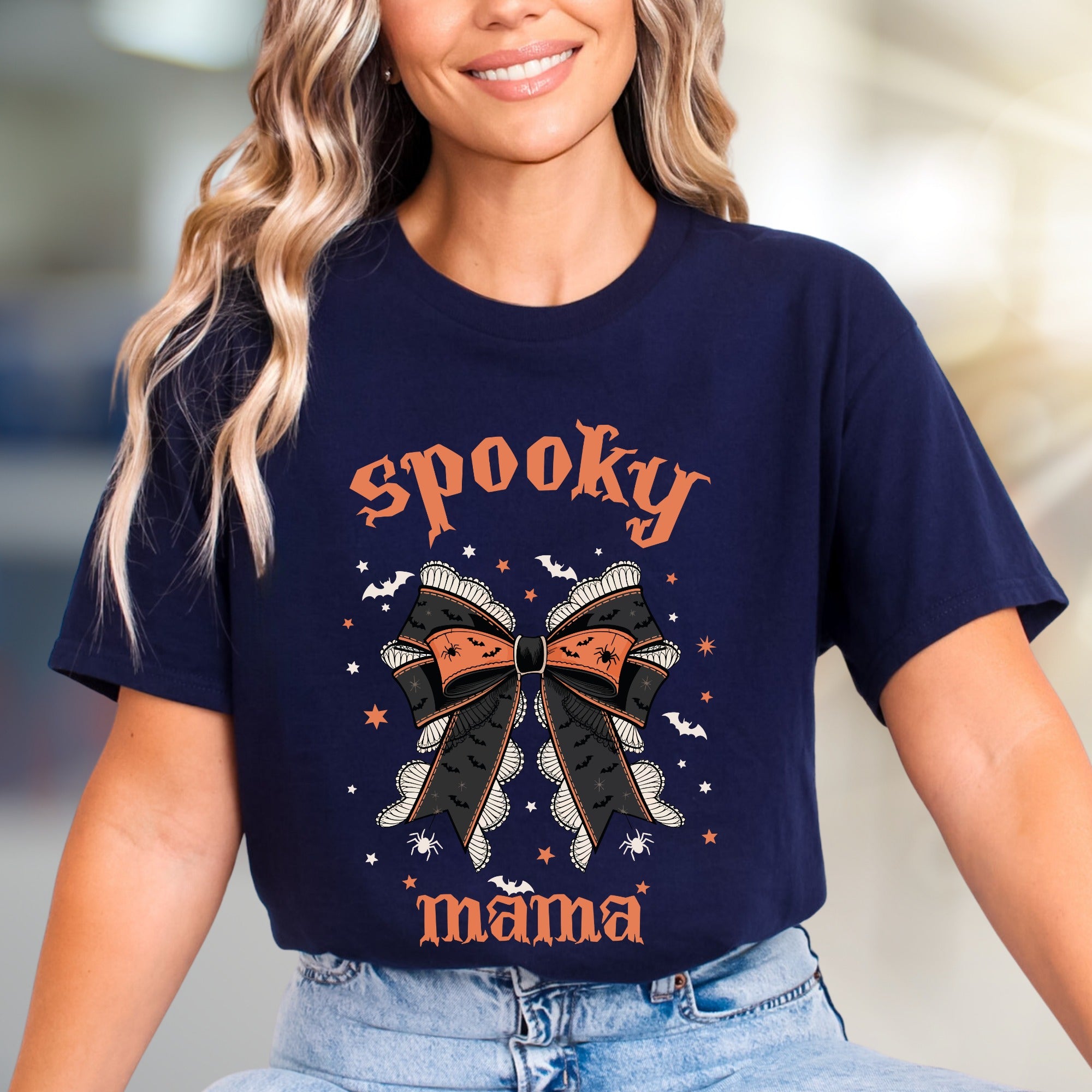 "Spooky Mama" Halloween Bow Graphic Tee, a Gothic-Chic Pick for Moms