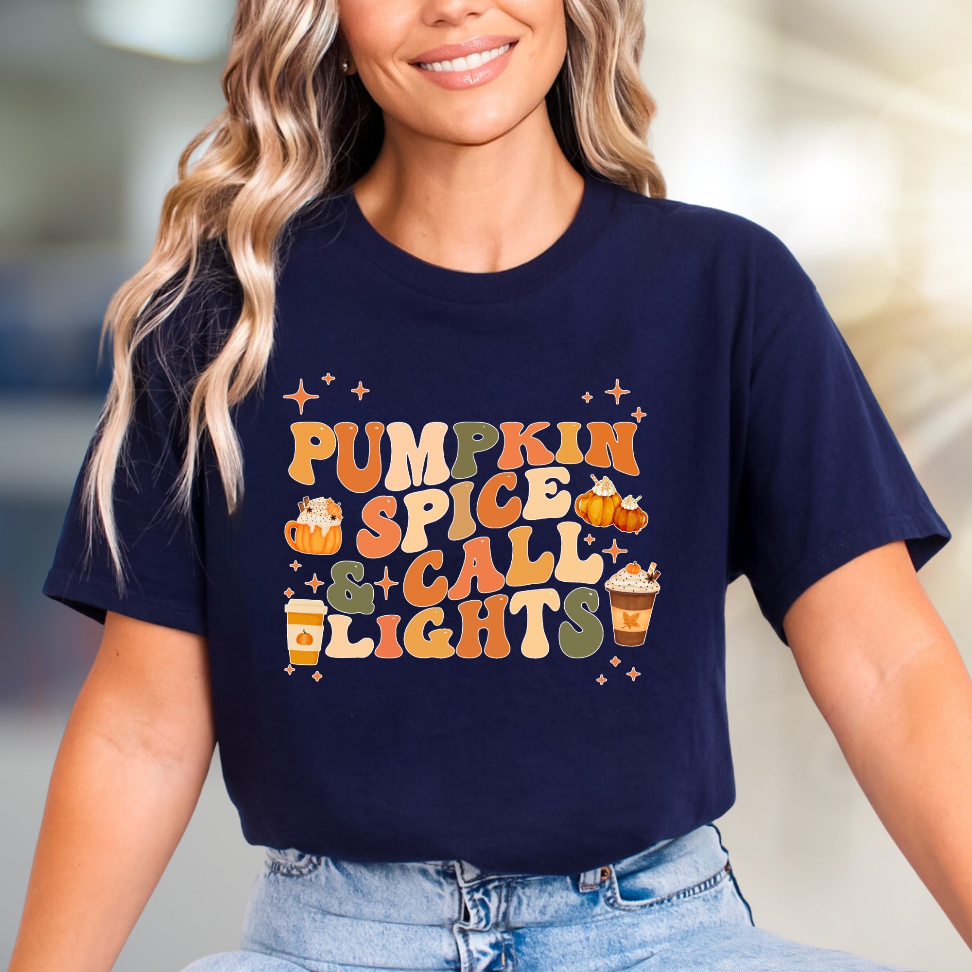 "Pumpkin Spice & Call Lights" Retro Fall Graphic Tee, a Seasonal Comfort Pick for Autumn Lovers