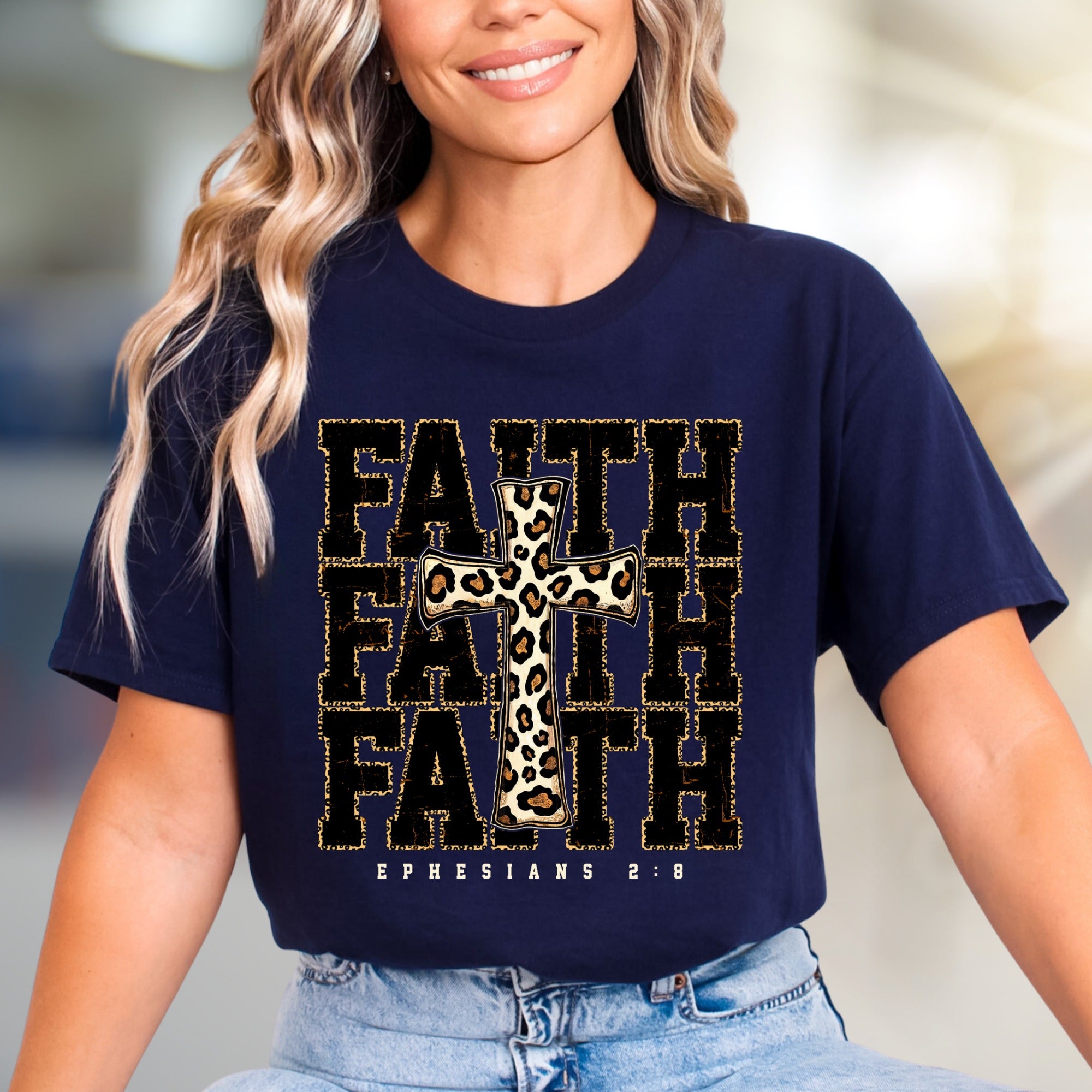 "Faith Ephesians 2:8" Leopard Print Cross Graphic Tee, a Spiritual Boho Pick for Believers