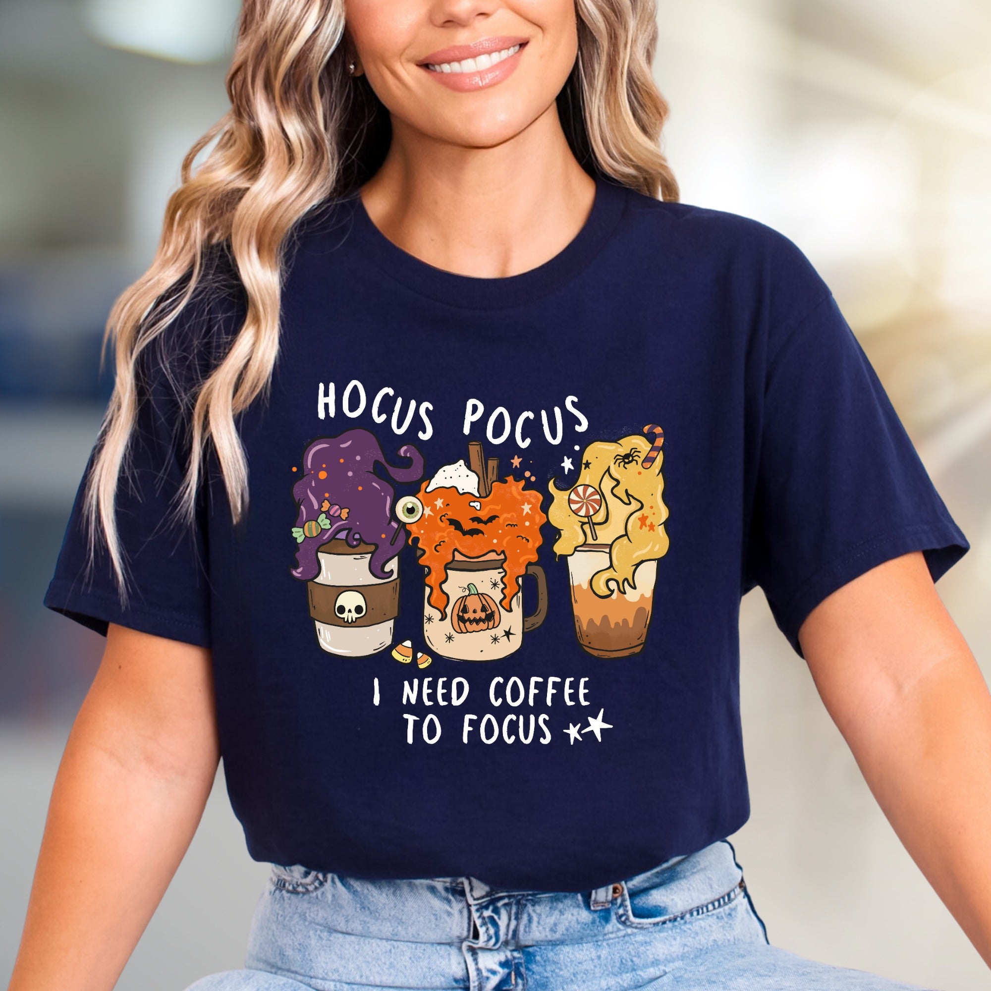 "Hocus Pocus I Need Coffee to Focus" Halloween Coffee Graphic Tee, a Spooky Funny Pick for Caffeine Lovers