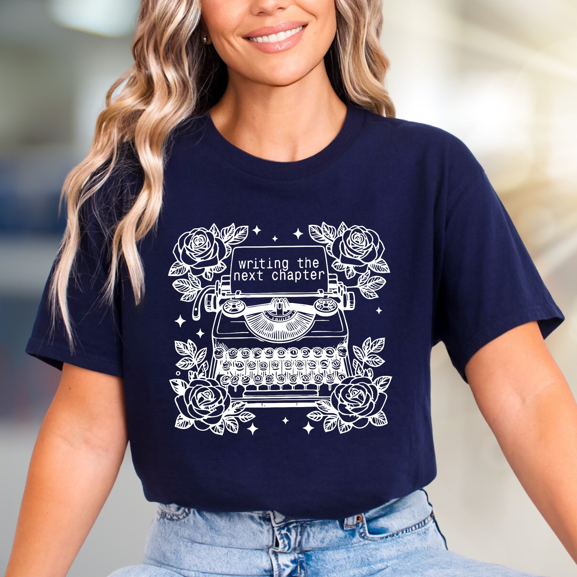 "Writing The Next Chapter" Typewriter Graphic Tee, a Creative Literary Pick for Authors