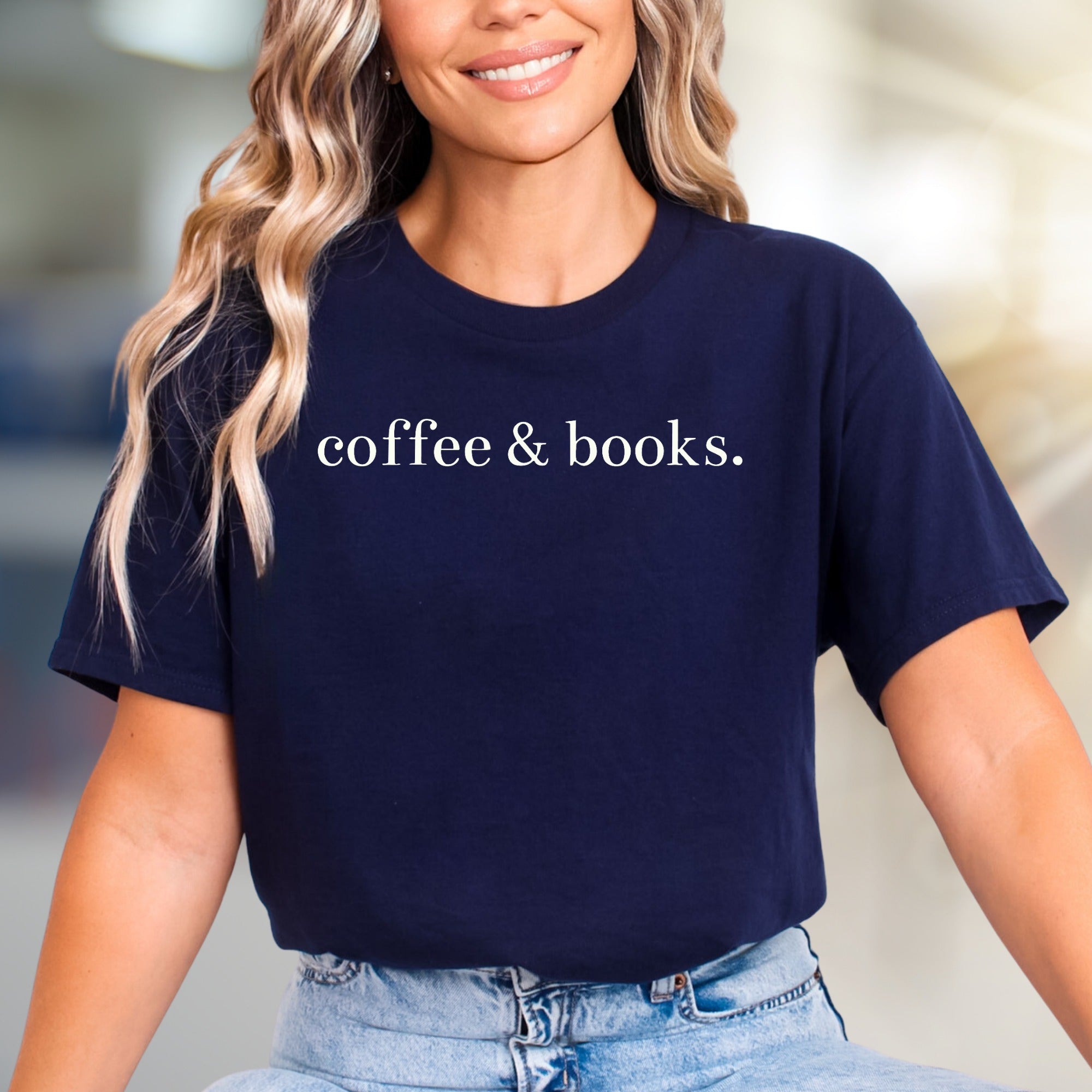 "coffee & books." Cozy Literary Graphic Tee, A Bookworm's Favorite Pick for Relaxing Days