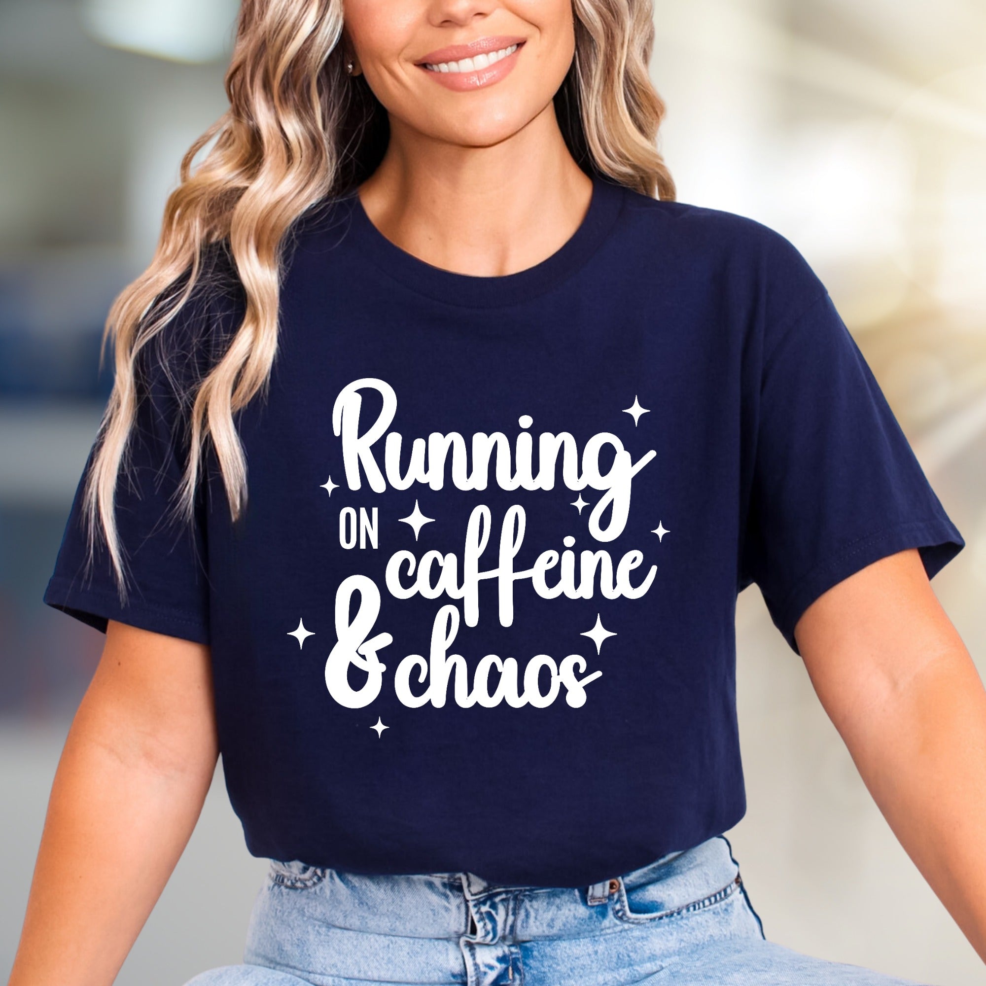 "Running on Caffeine & Chaos" Graphic Tee, a Witty Pick for Coffee Lovers