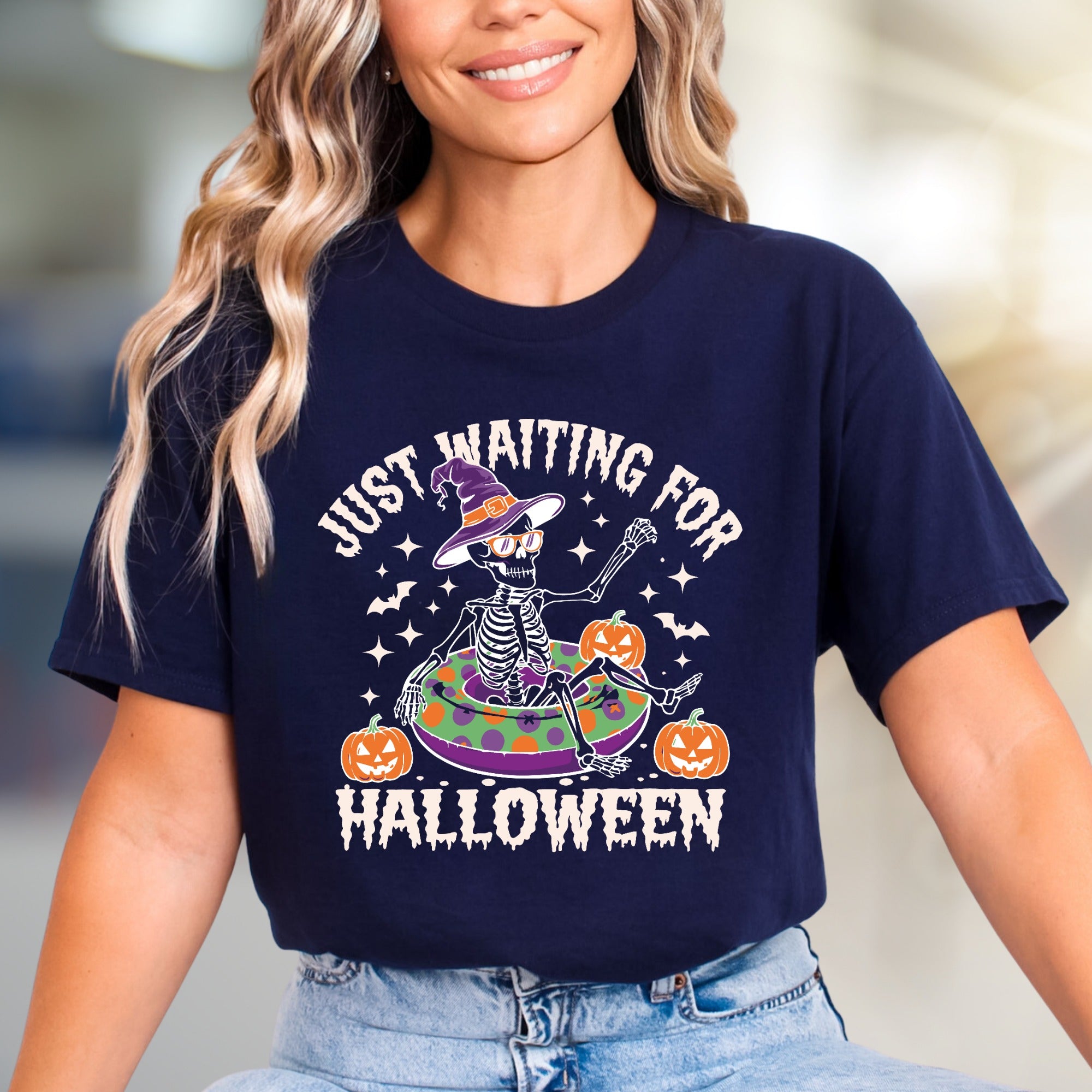 "JUST WAITING FOR HALLOWEEN" Spooky Skeleton Graphic Tee, a Funny Holiday Pick for Spooky Season Lovers