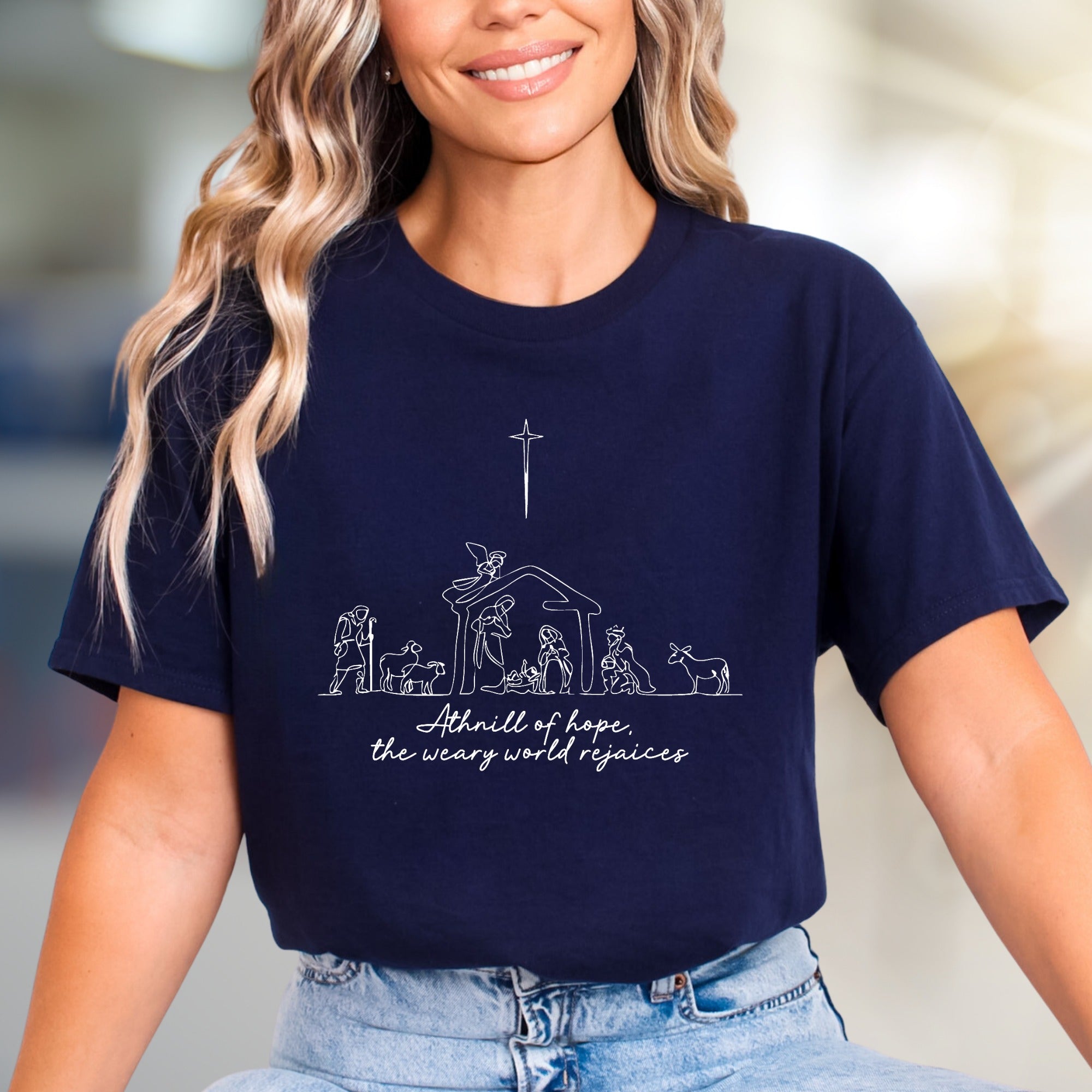 "A thrill of hope, the weary world rejoices" Nativity Scene Graphic Tee, a Holiday Pick for Believers
