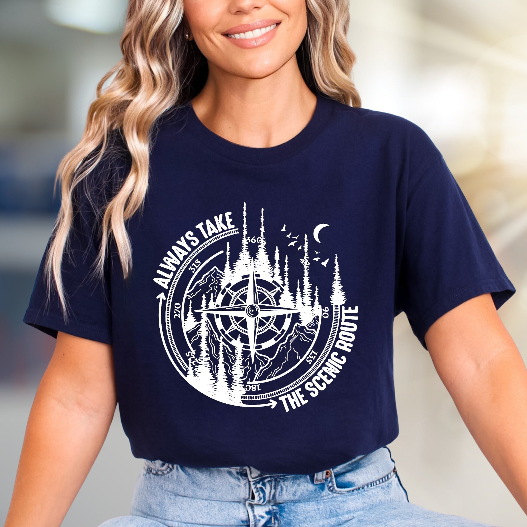 "Always Take The Scenic Route" Wilderness Compass Graphic Tee, an Adventure Enthusiast Pick for Outdoor Lovers