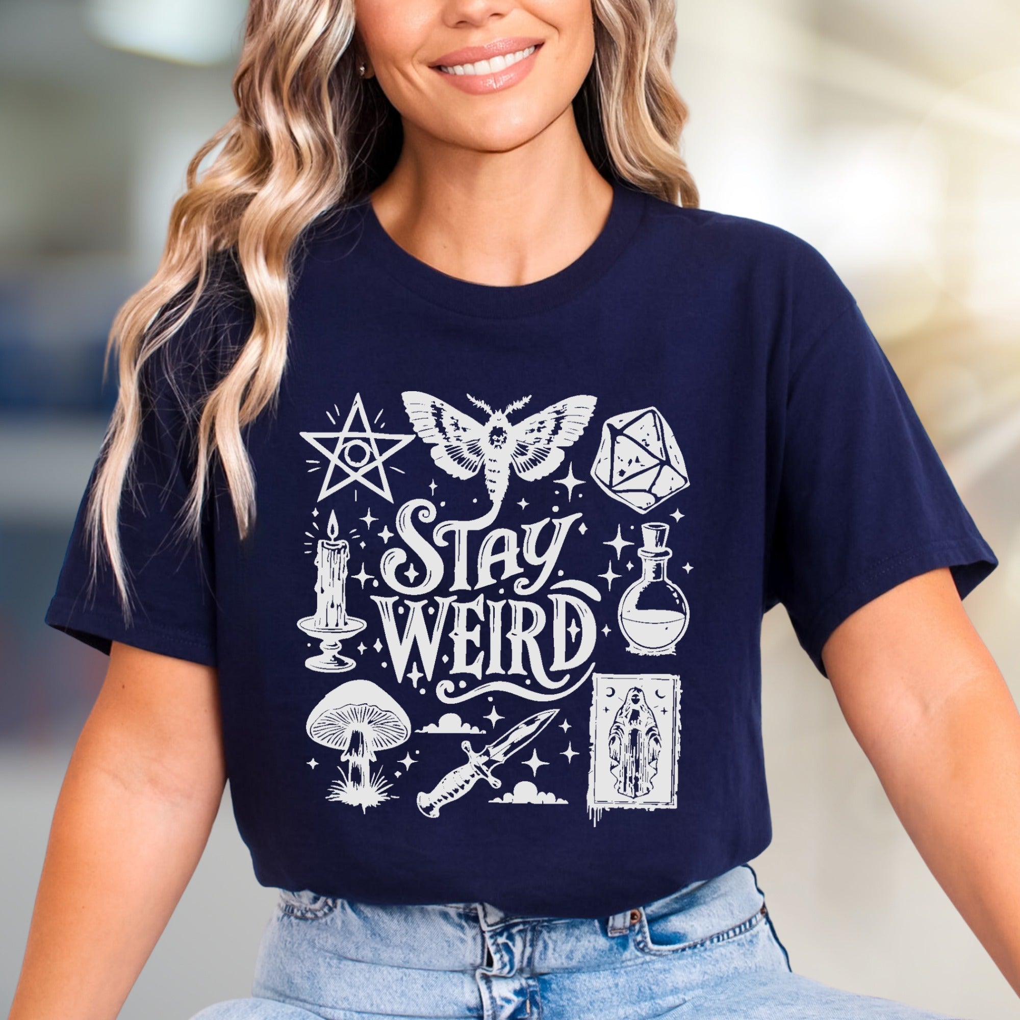 "Stay Weird" Occult Graphic Tee, a Mystical Pick for Unique Souls
