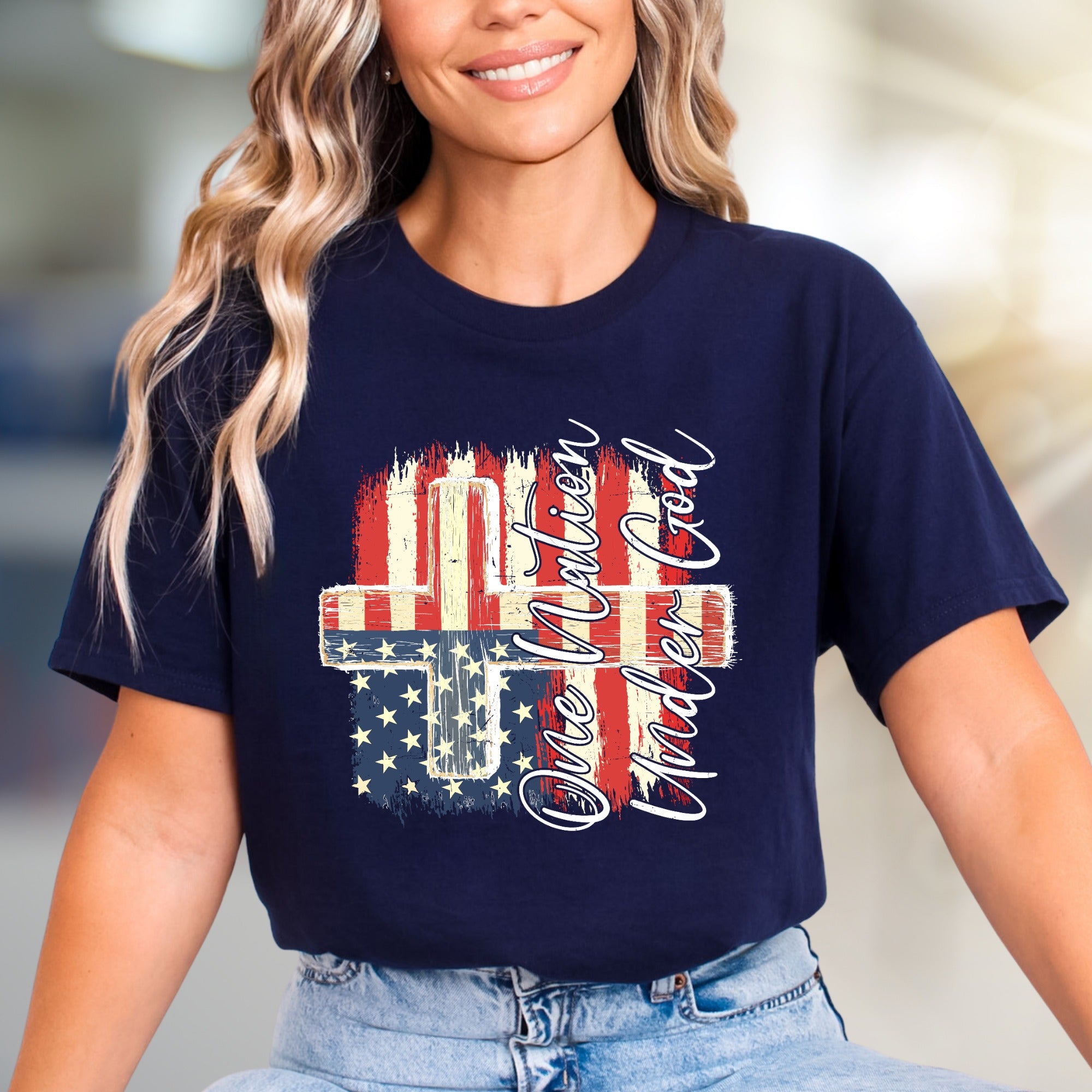 "One Nation Under God" Distressed Flag Cross Tee, a Patriotic Faith Statement