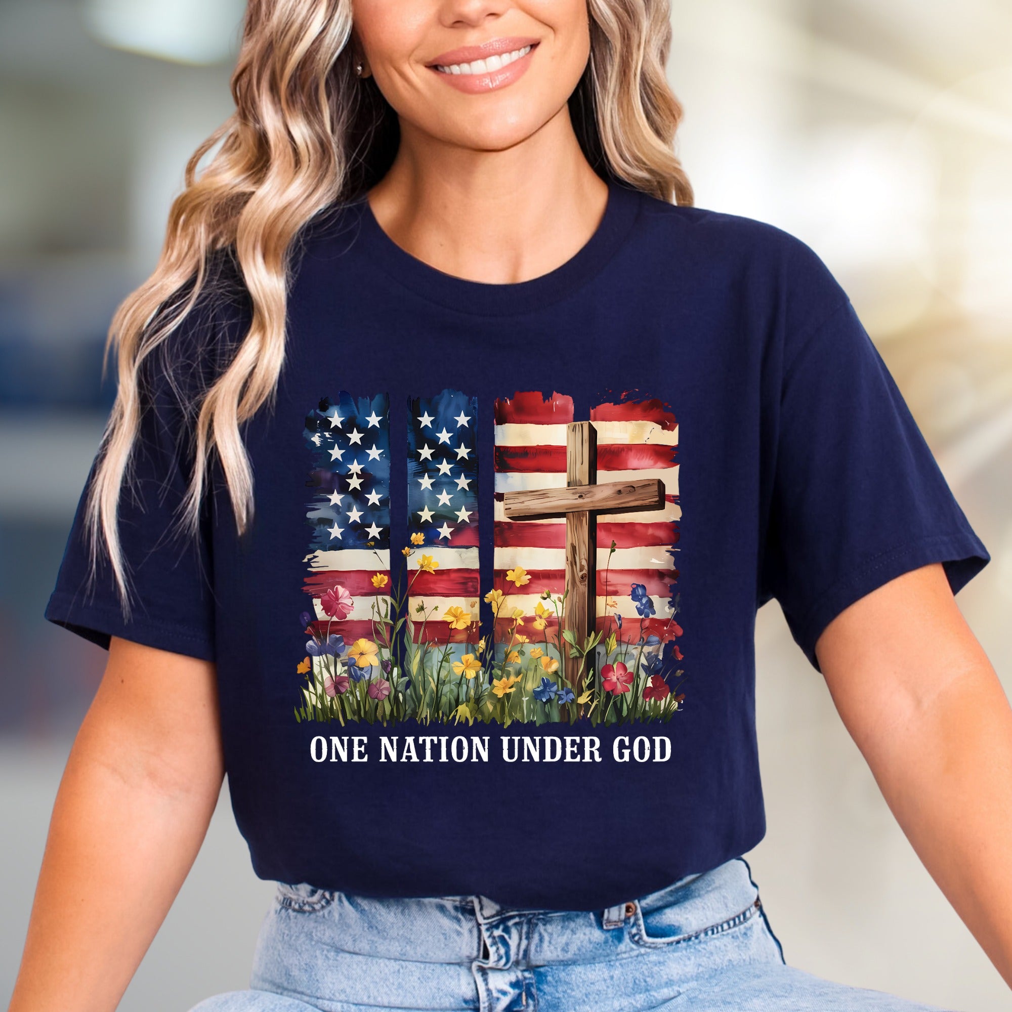 "ONE NATION UNDER GOD" Patriotic Floral Graphic Tee, A Faith-Inspired Statement for Believers
