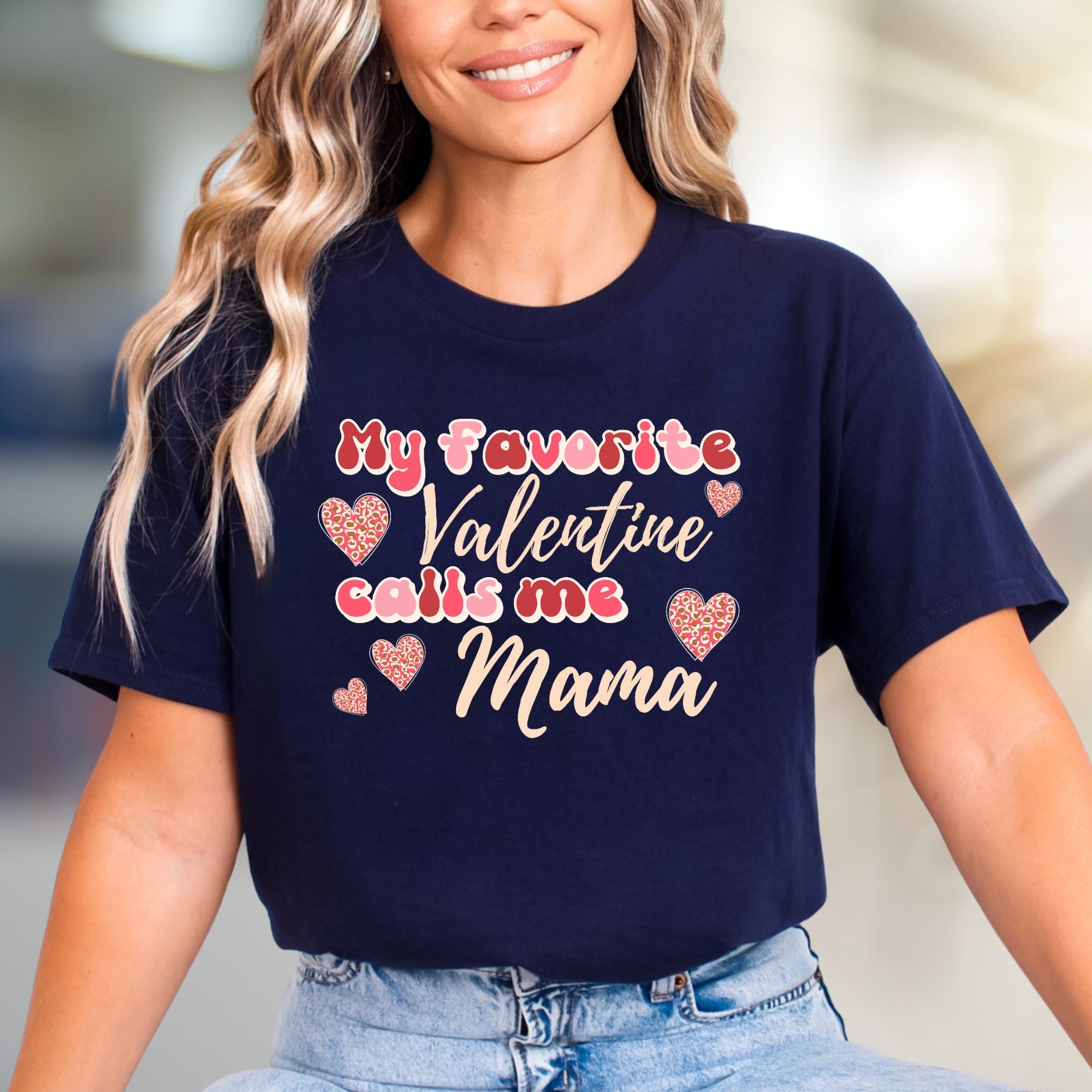 "My Favorite Valentine Calls Me Mama" Leopard Hearts Graphic Tee, a Sweet Gift for Moms