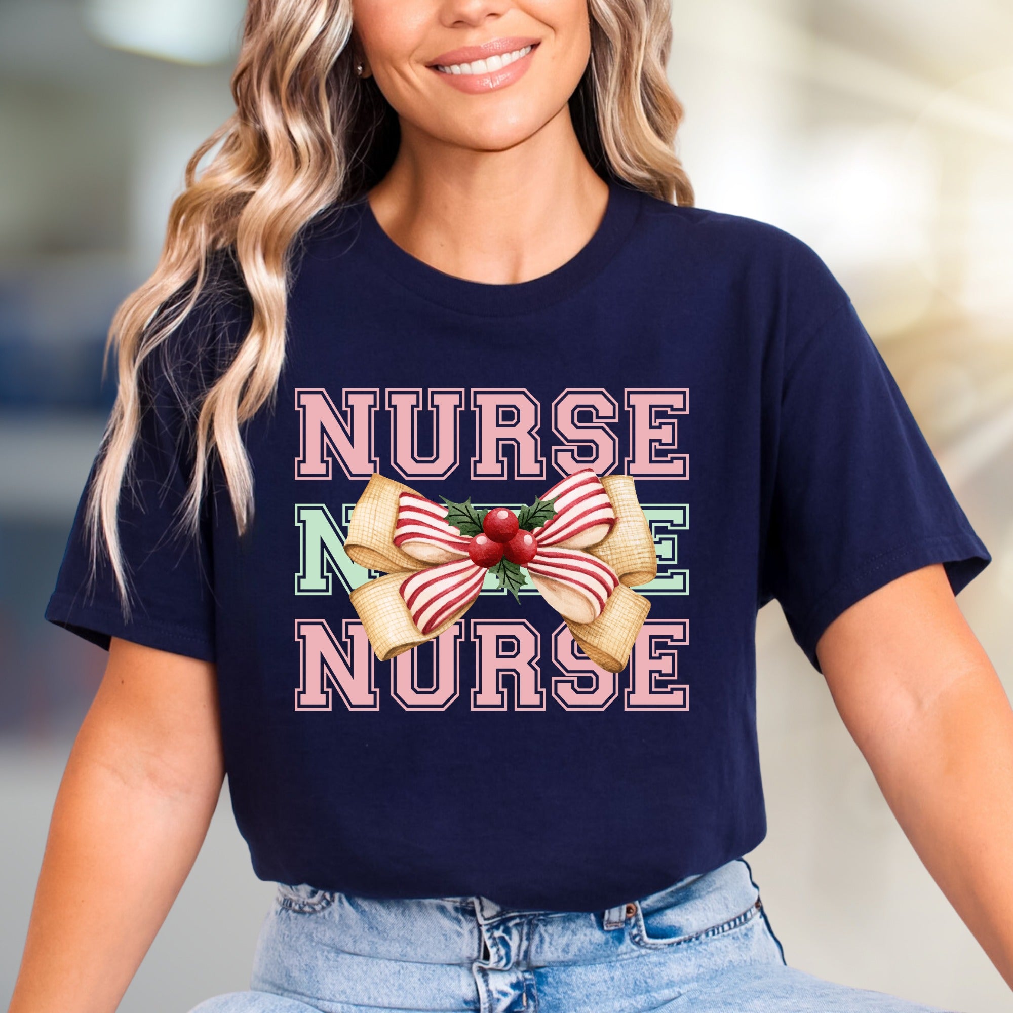 "Nurse" Holiday Bow Graphic Tee, a Festive Appreciation for Caregivers