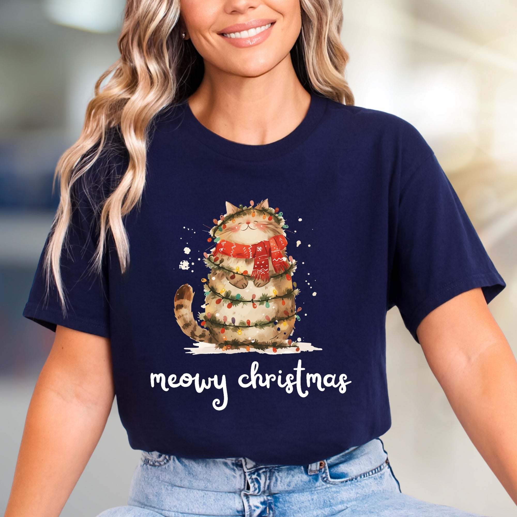 "Meowy Christmas" Cute Cat Graphic Tee, a Festive Pet Lover's Pick for the Holidays