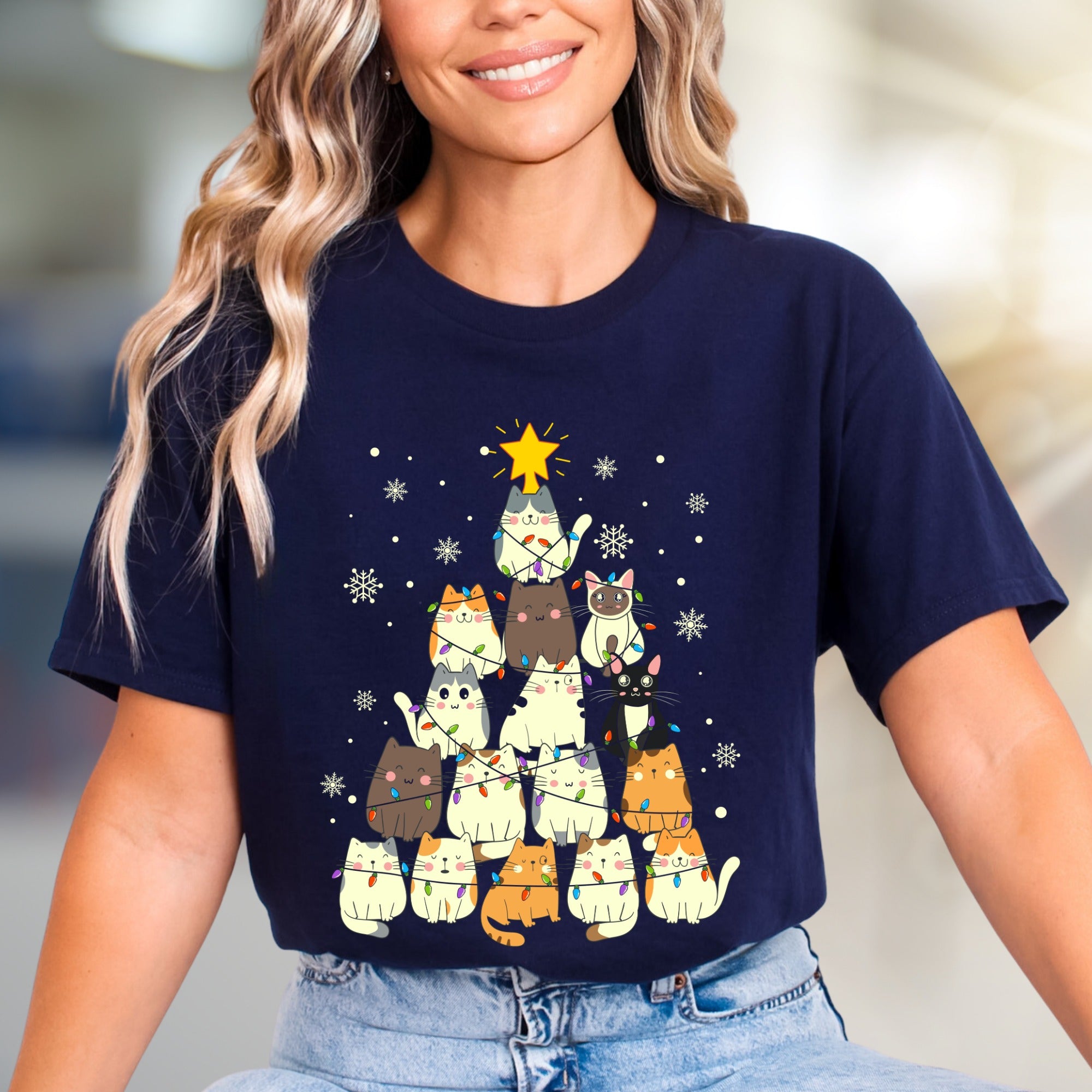 Charming Cat Christmas Tree Graphic Tee, A Cozy Holiday Pick for Pet Lovers