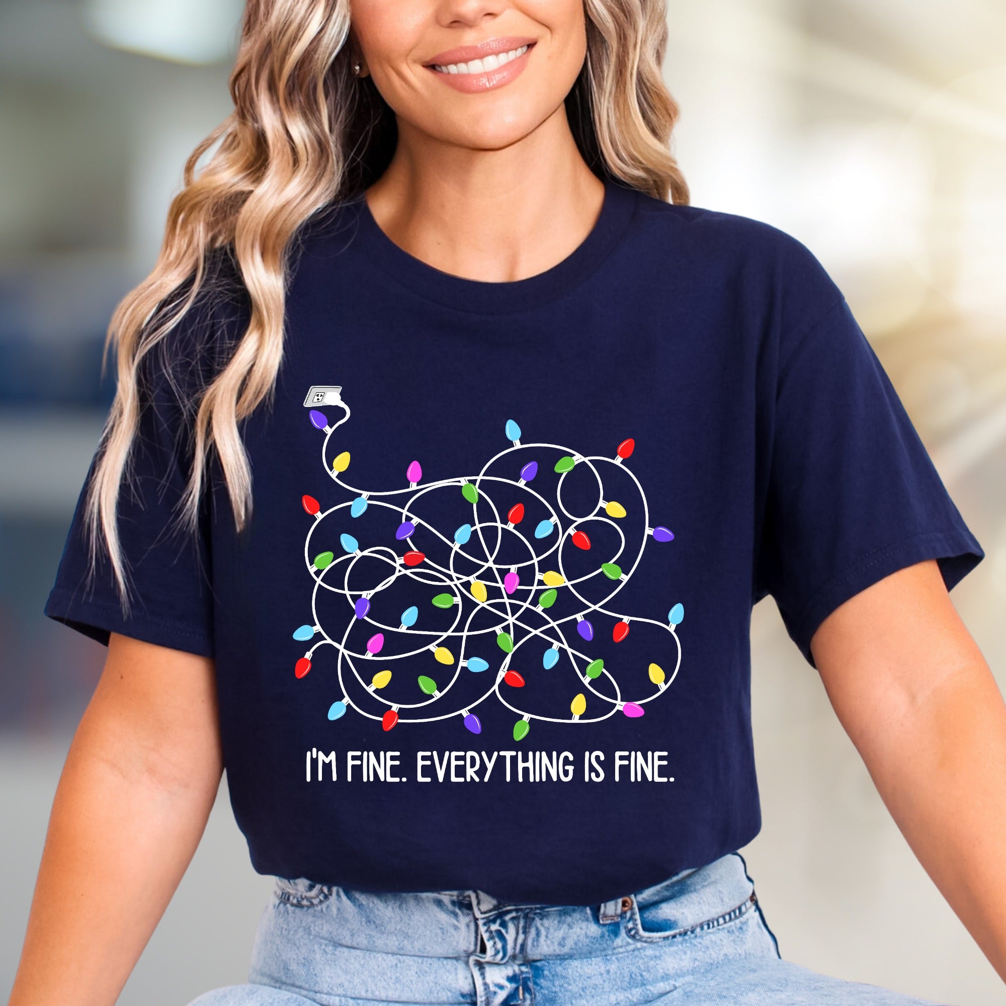 "I'm Fine. Everything Is Fine." Tangled Lights Graphic Tee, a Humorous Holiday Pick for Everyone