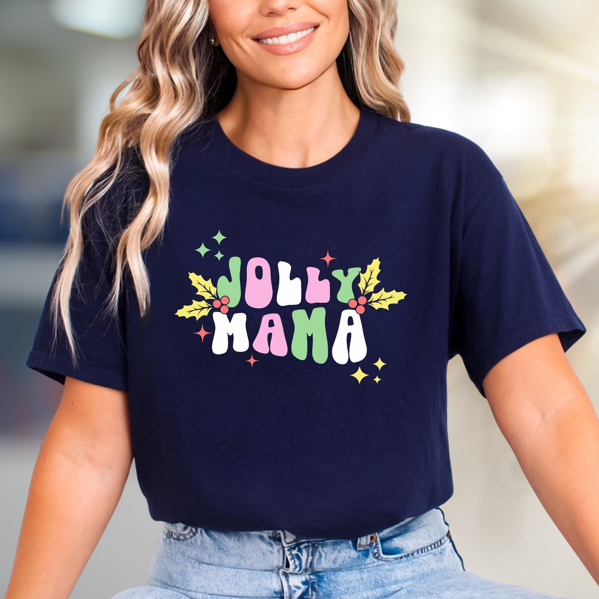 "Jolly Mama" Retro Christmas Holly Graphic Tee, a Festive Niche Pick for Moms