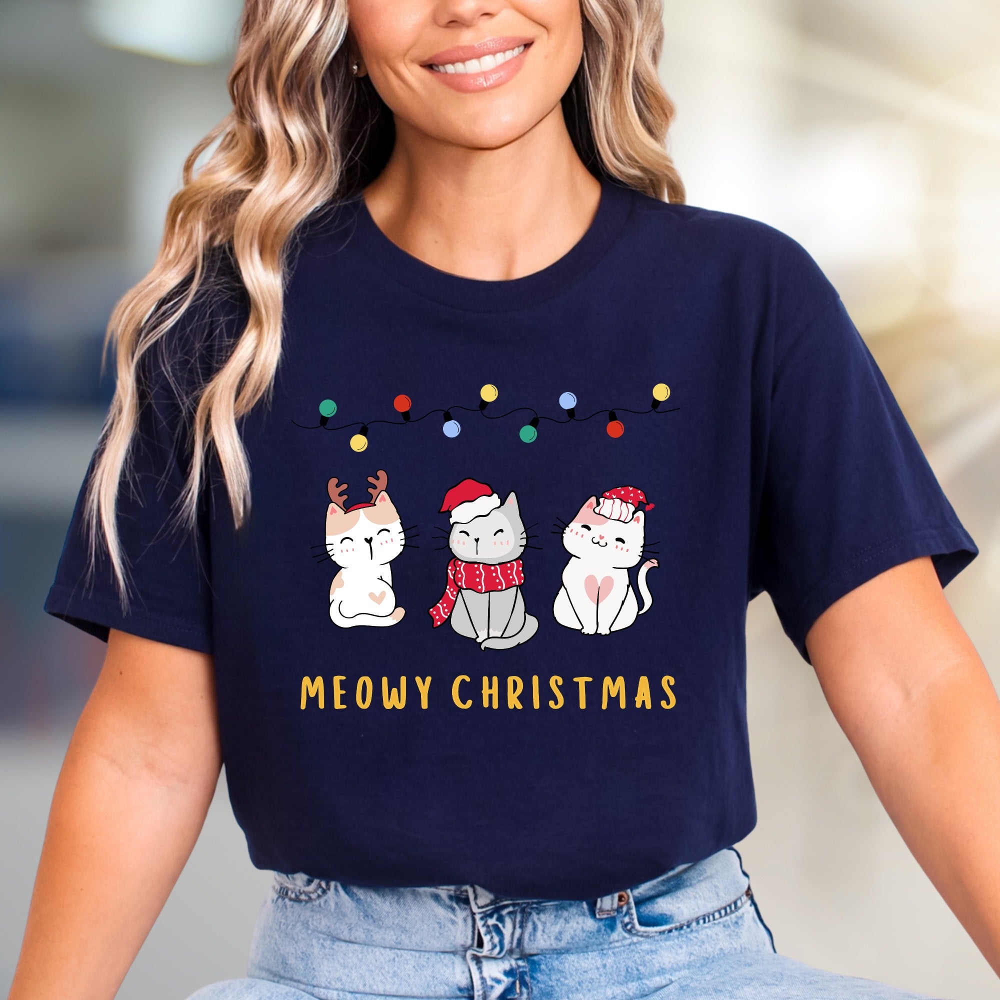 "MEOWY CHRISTMAS" Cute Kitten Graphic Tee, a Festive Pet Lover's Pick for the Holidays