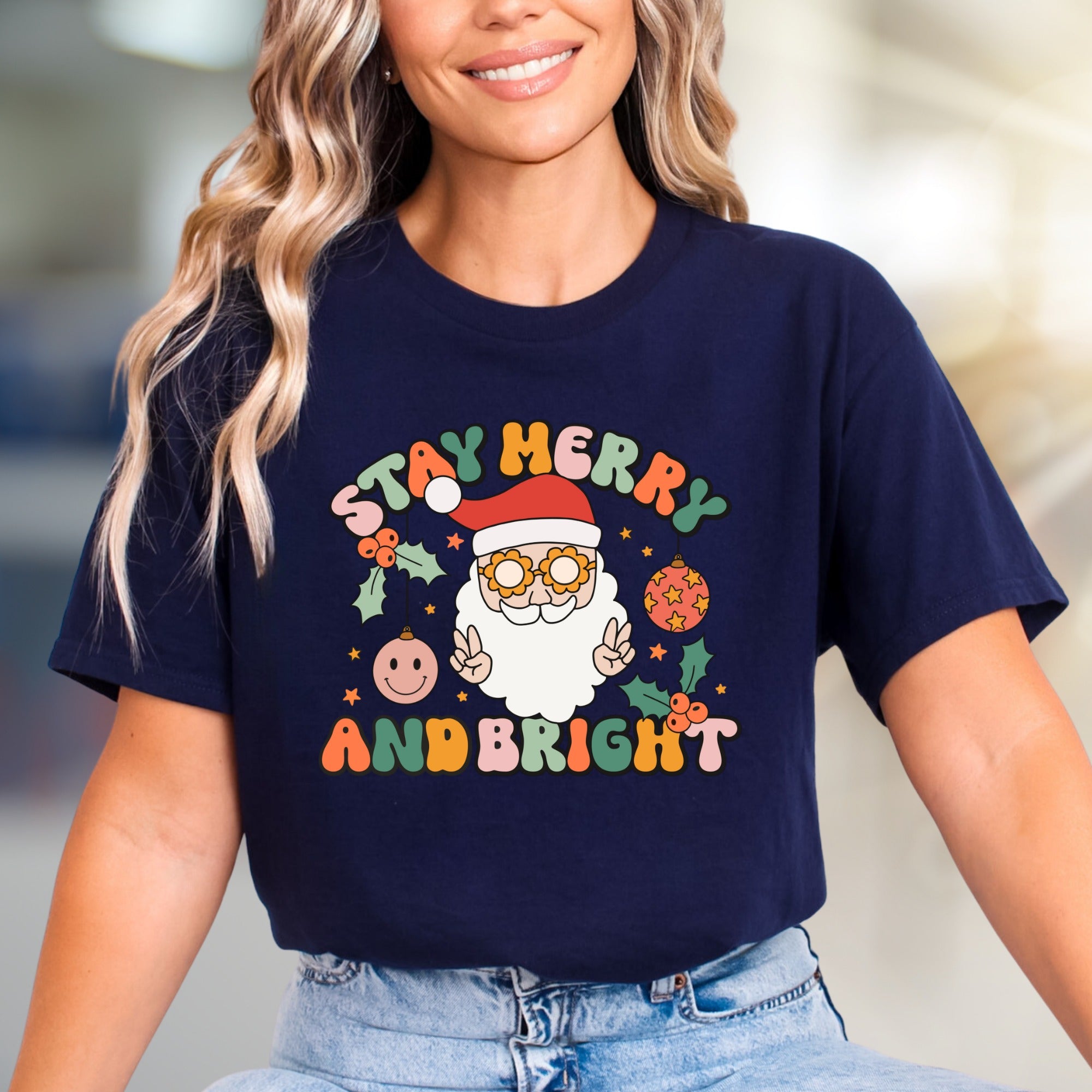 Stay Merry And Bright Santa Graphic Tee, A Retro Christmas Pick for Holiday Lovers