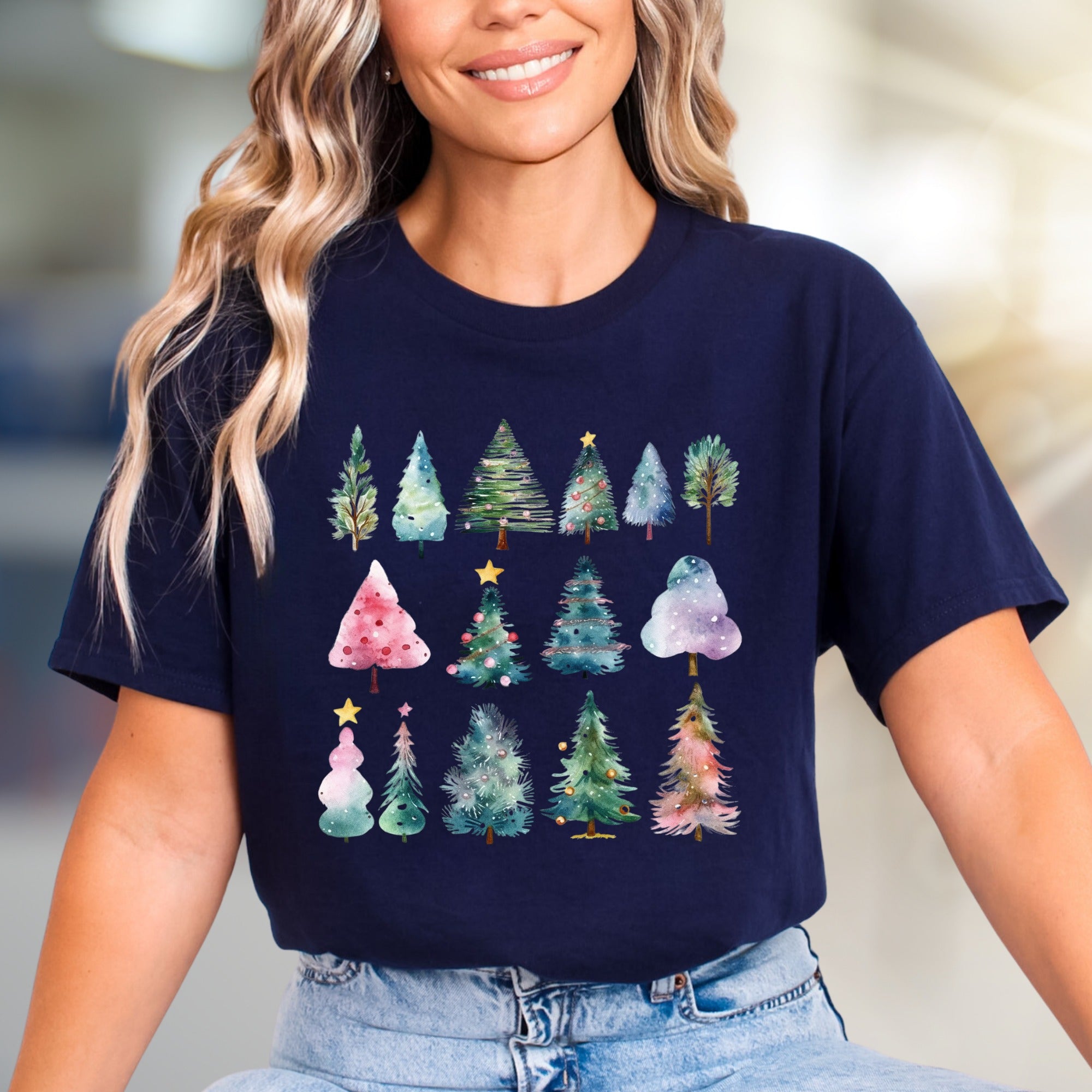Winter Forest Watercolor Trees Graphic Tee, A Festive Casual Pick for Holiday Lovers