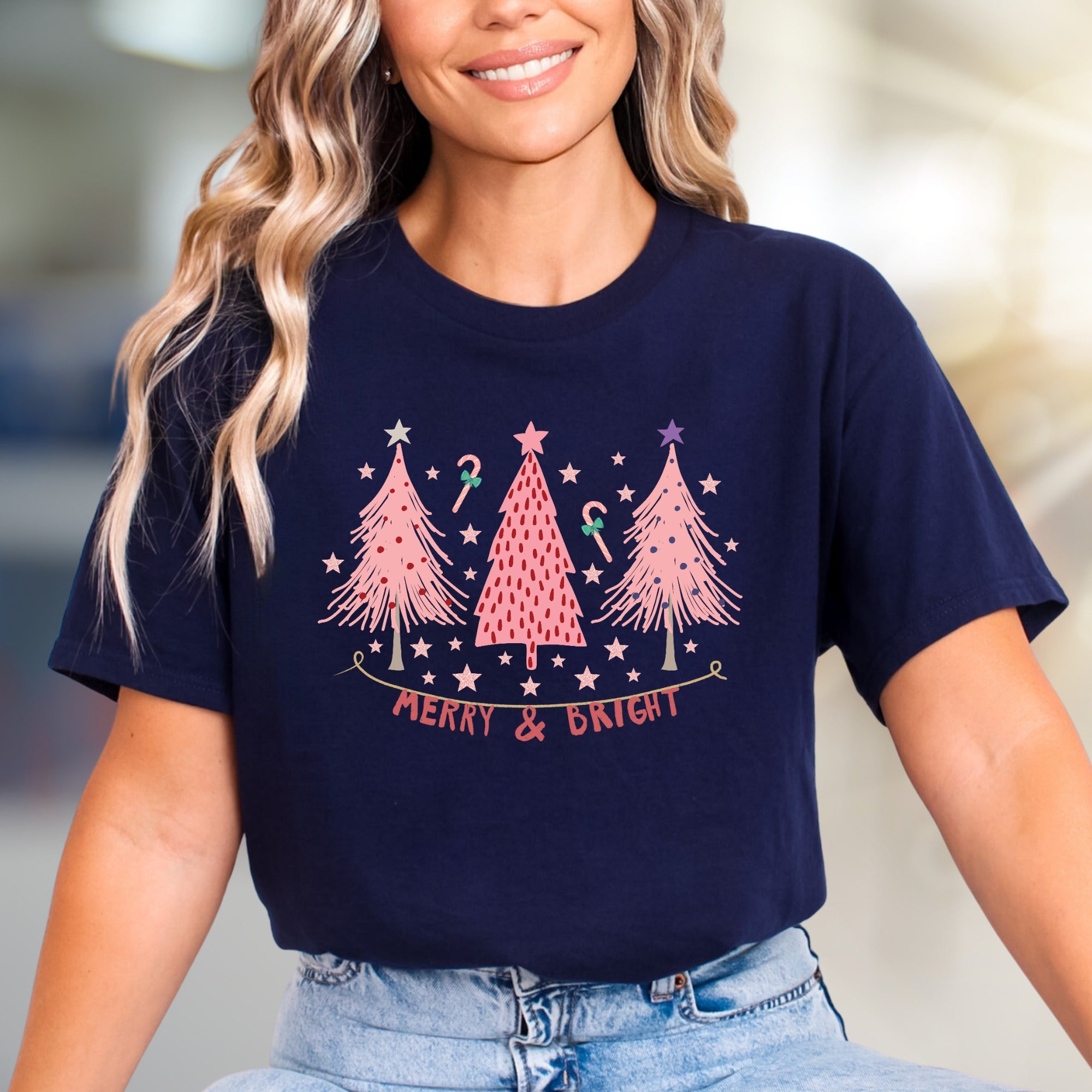 "Merry & Bright" Festive Christmas Trees Graphic Tee, a Whimsical Pick for Holiday Enthusiasts