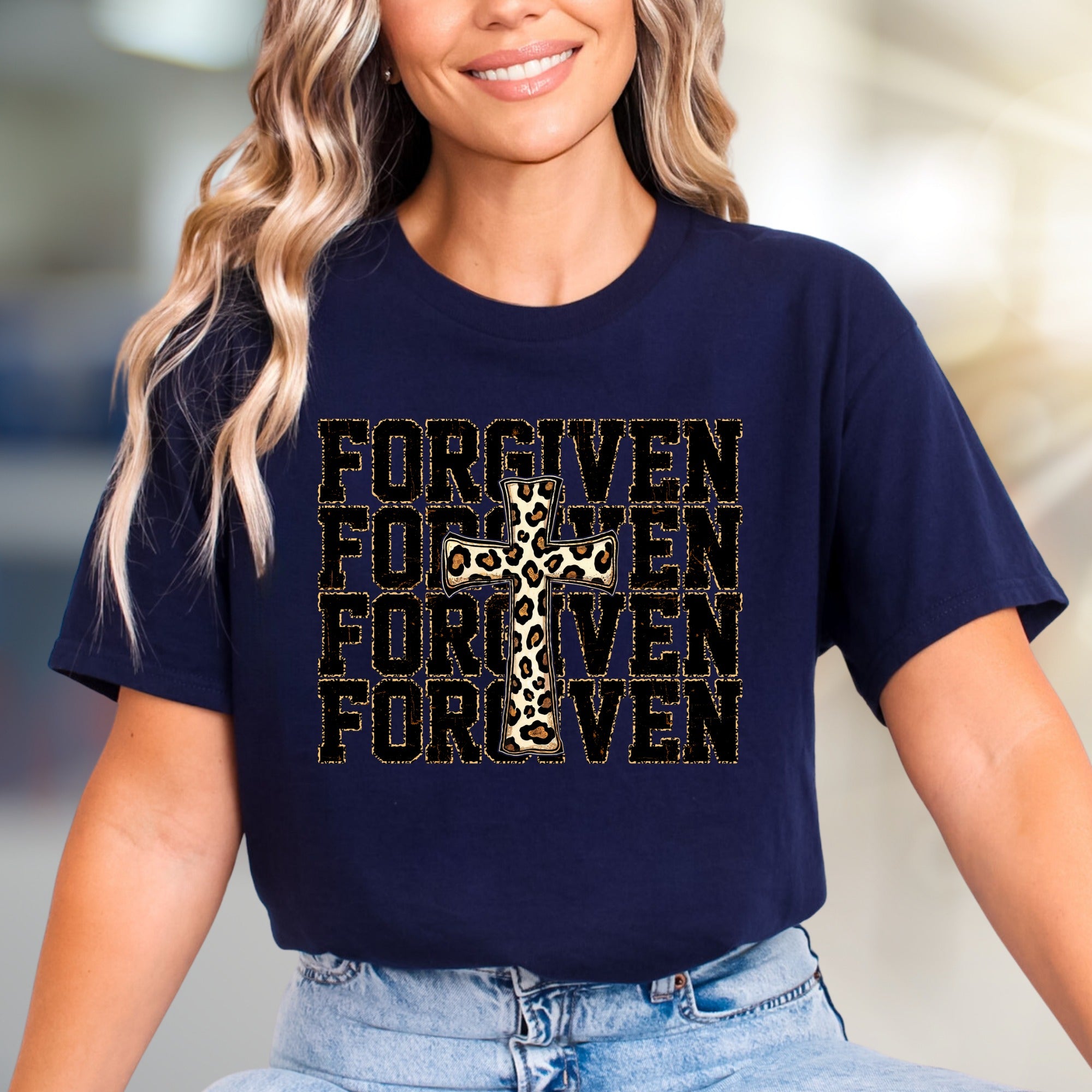 "FORGIVEN" Leopard Cross Graphic Tee, a Faith-Inspired Statement for Believers