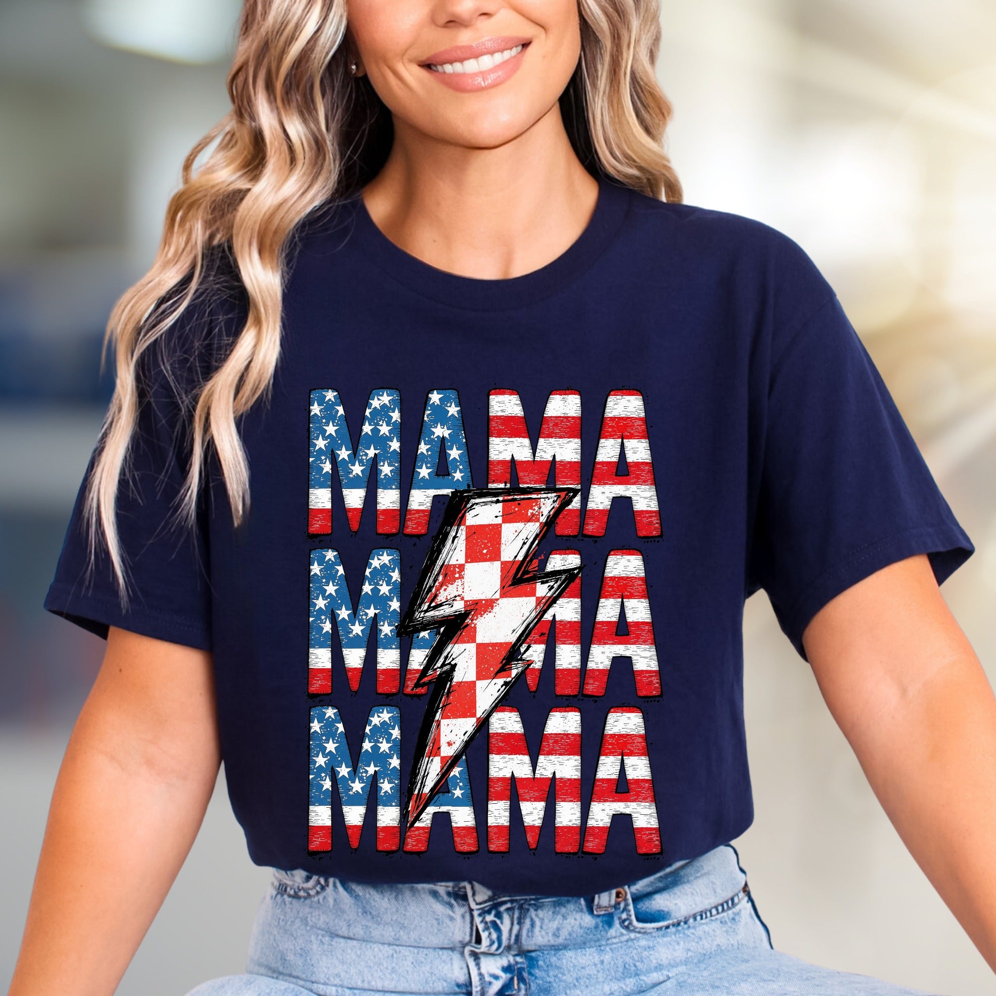"MAMA" American Flag Lightning Bolt Graphic Tee, a Patriotic Pick for Proud Moms