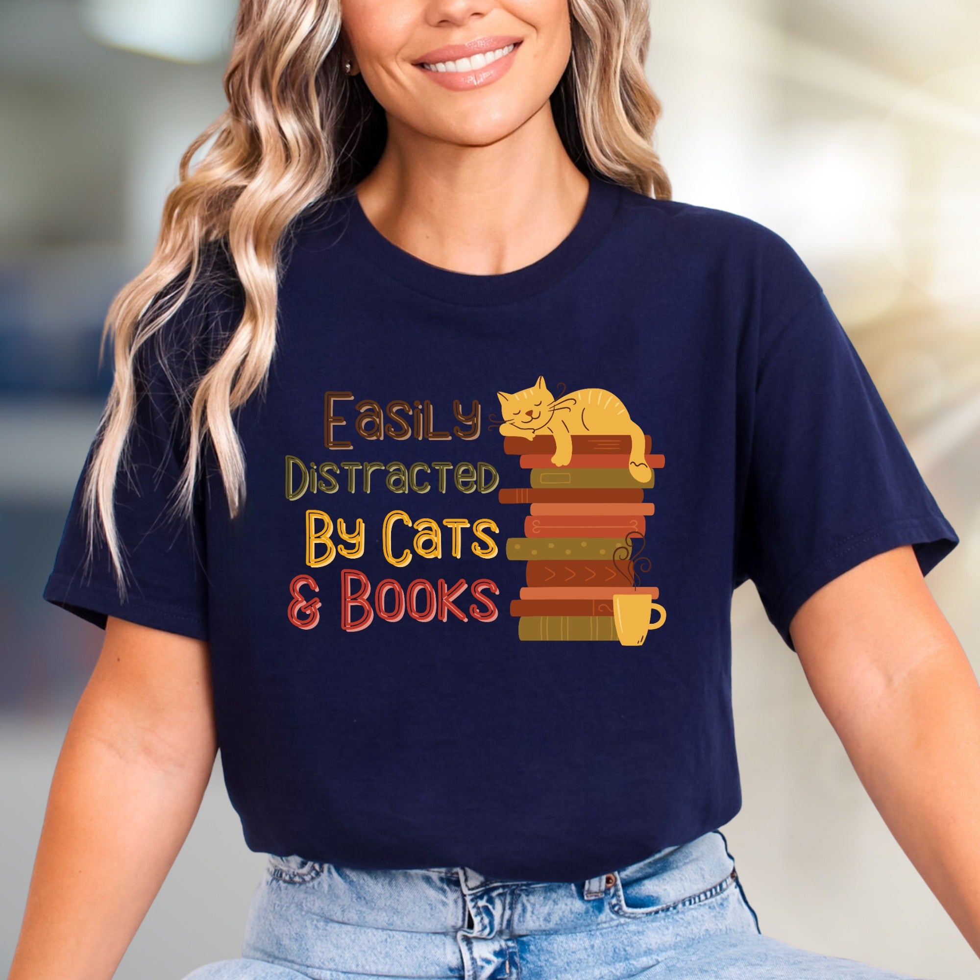 "Easily Distracted By Cats & Books" Cozy Reader Graphic Tee, a Feline Fan Pick for Book Lovers
