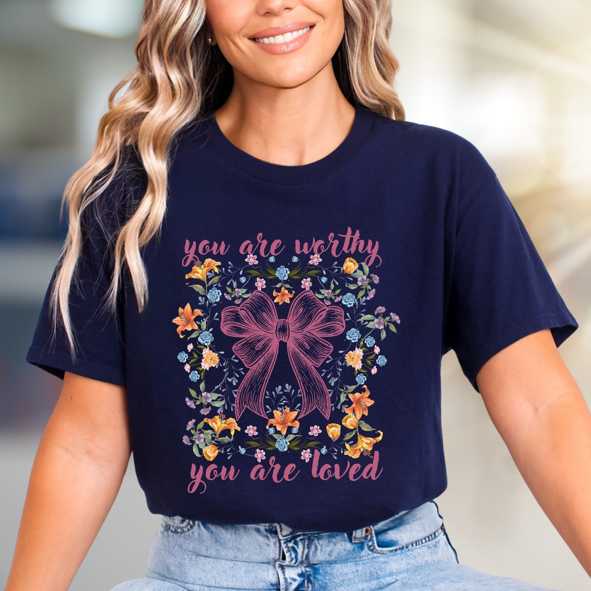 "You Are Worthy You Are Loved" Floral Bow Graphic Tee, a Self-Care Pick for Her