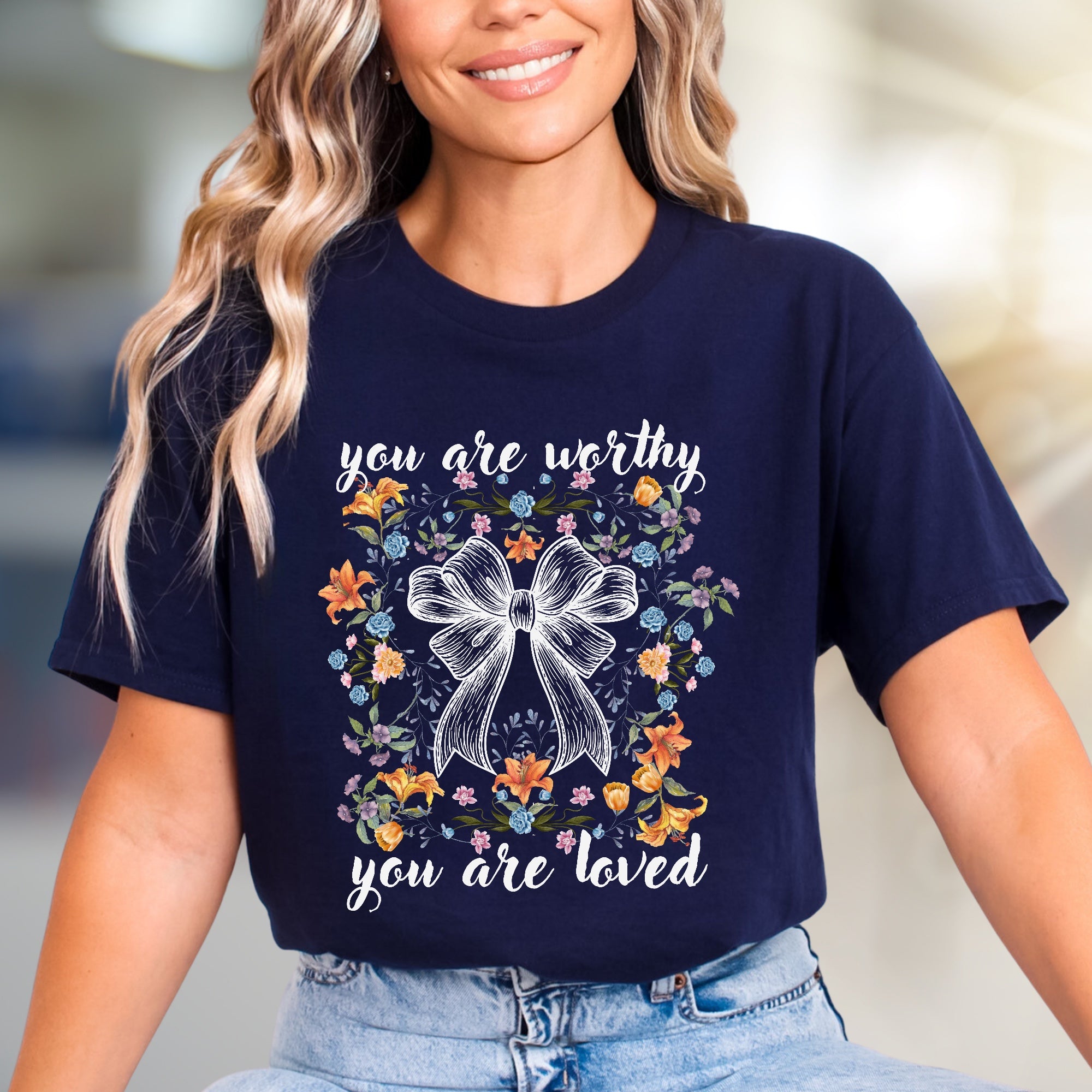 "You Are Worthy, You Are Loved" Floral Bow Graphic Tee, a Self-Love Pick for Women