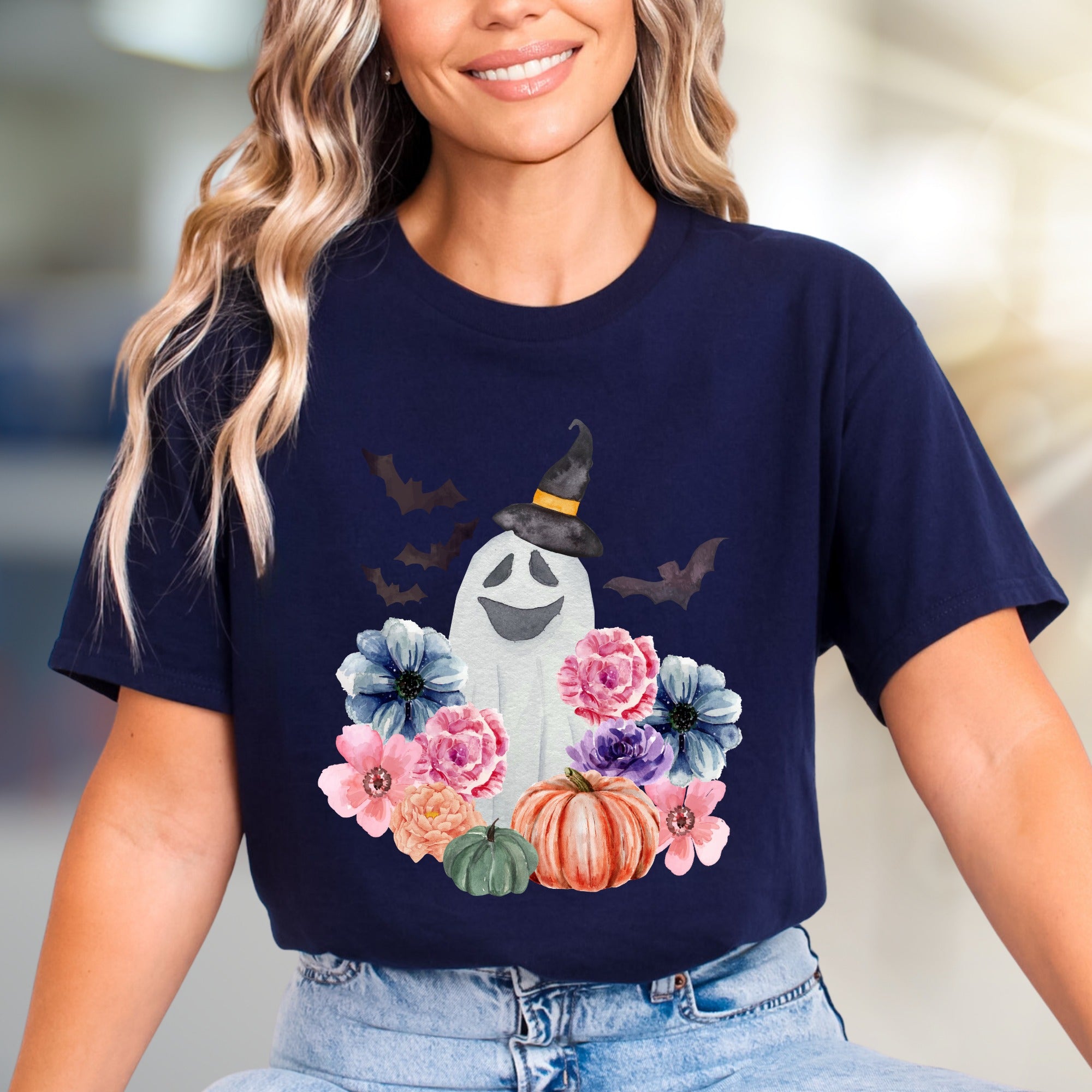 Witch Ghost & Floral Vibes Graphic Tee, a Spooky-Chic Pick for Halloween Lovers