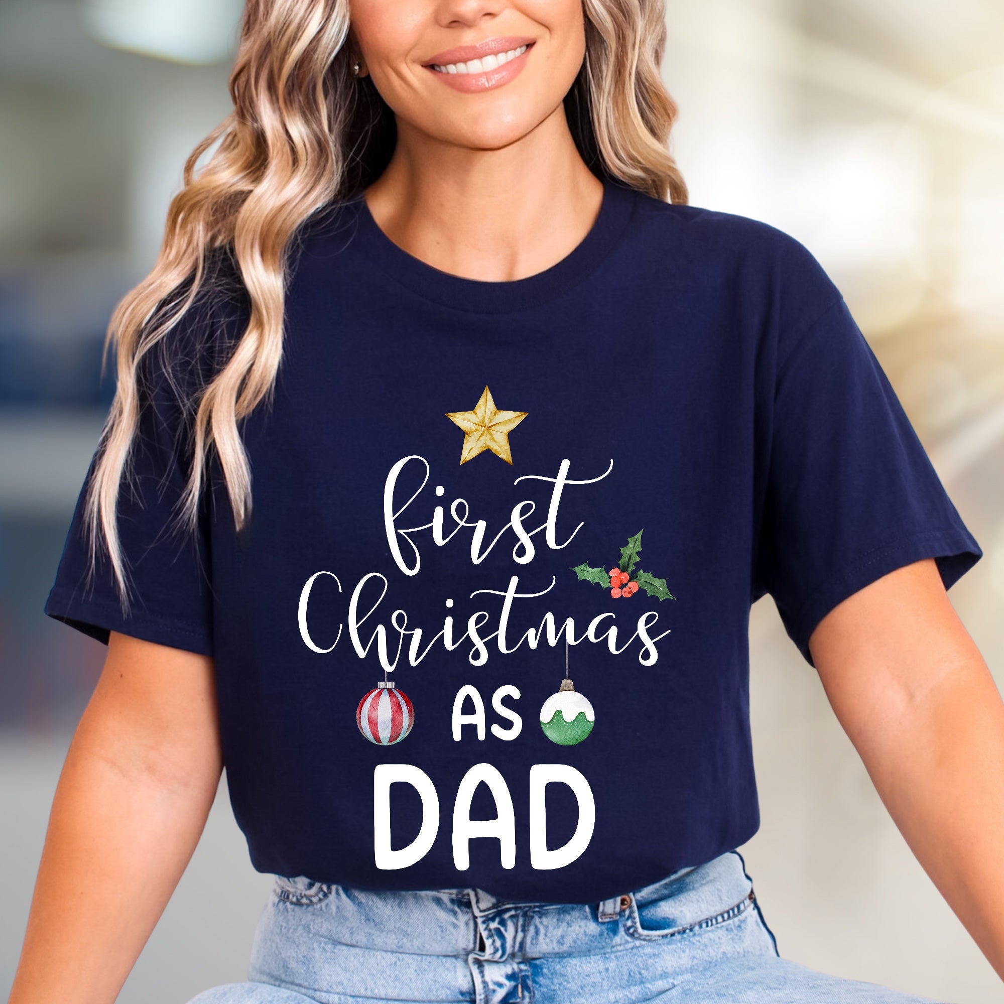 "First Christmas As Dad" Festive Graphic Tee, a New Dad's Holiday Pick