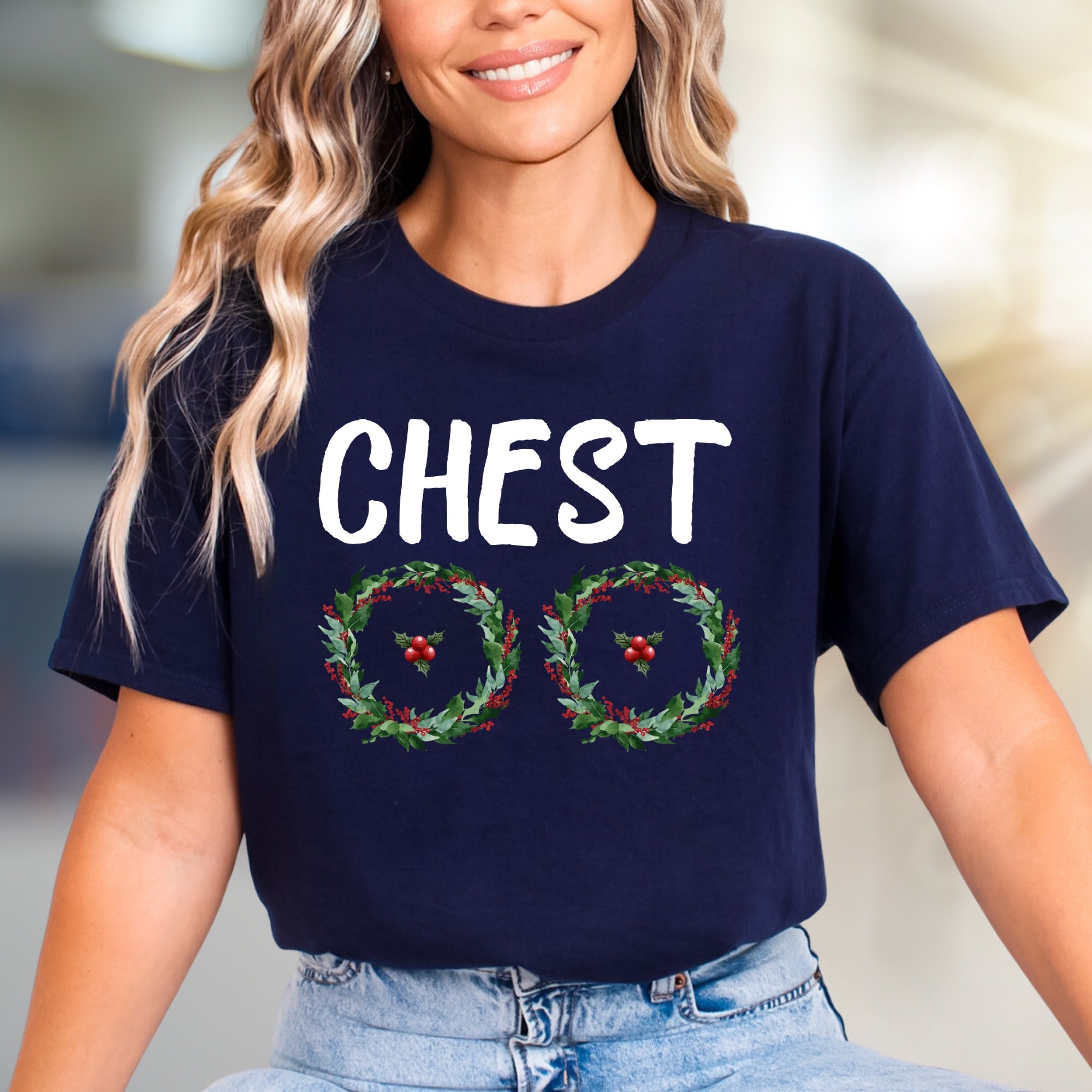 "CHEST" Holiday Wreaths Graphic Tee, a Festive Fun Pick for Christmas Parties