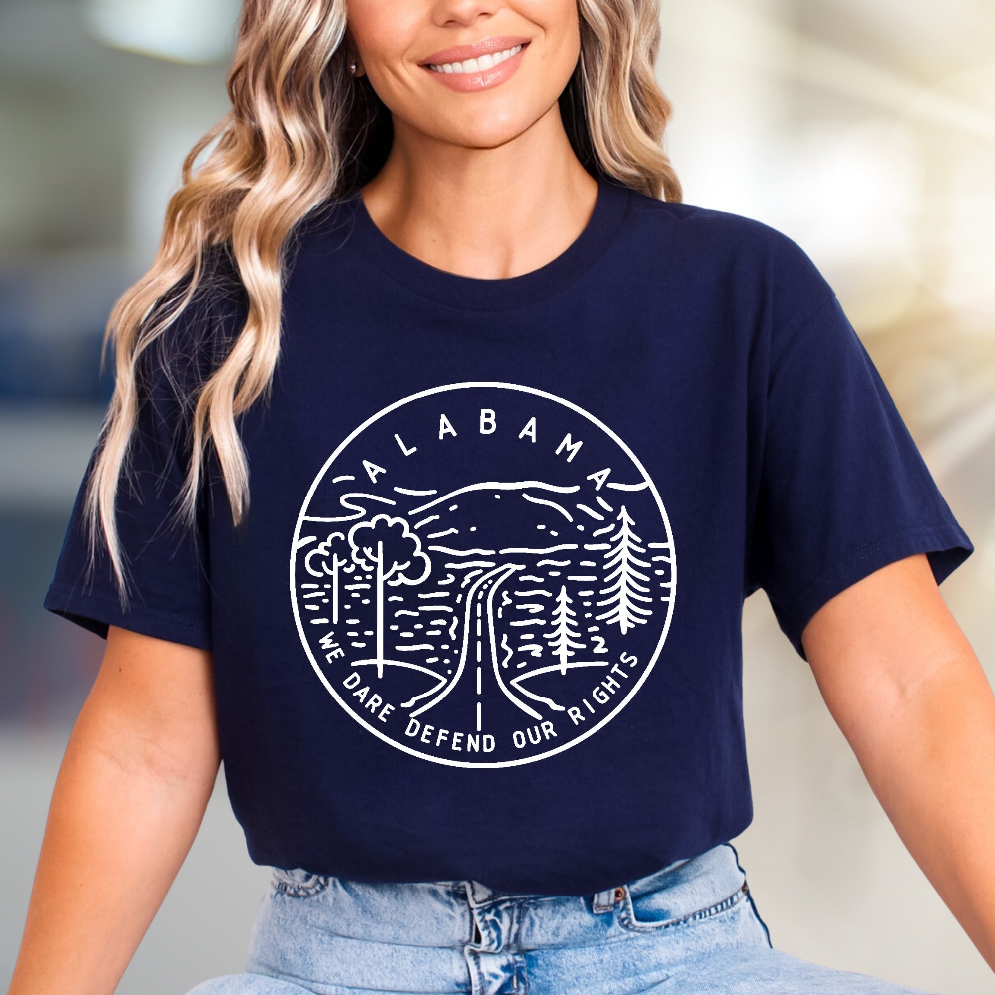 "Alabama We Dare Defend Our Rights" Scenic Graphic Tee, a Heritage State Pick for Proud Residents