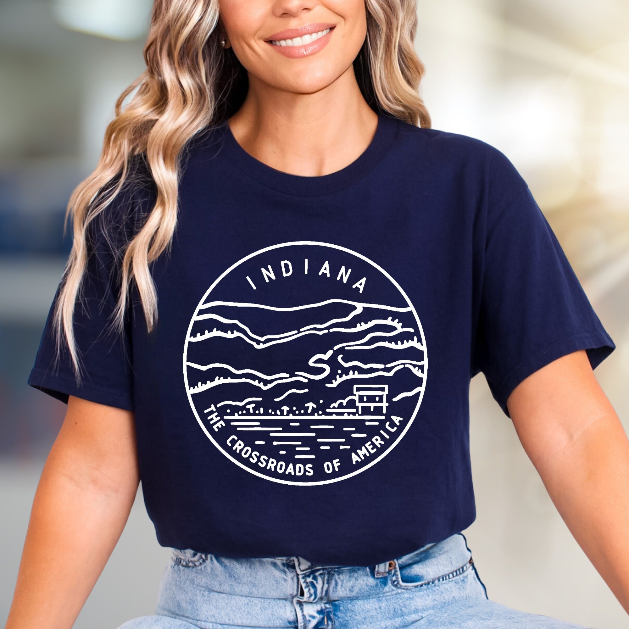 "Indiana The Crossroads of America" Retro Scenic Graphic Tee, a State Pride Pick for Travelers