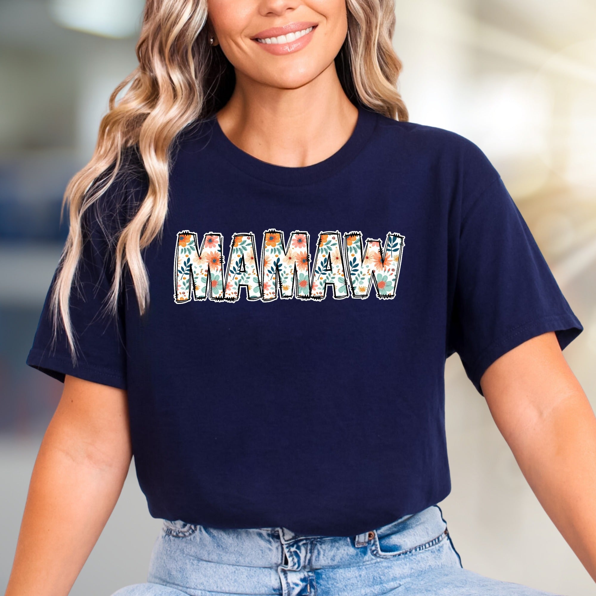 "MAMAW" Floral Print Graphic Tee, a Heartfelt Gift for Grandmothers