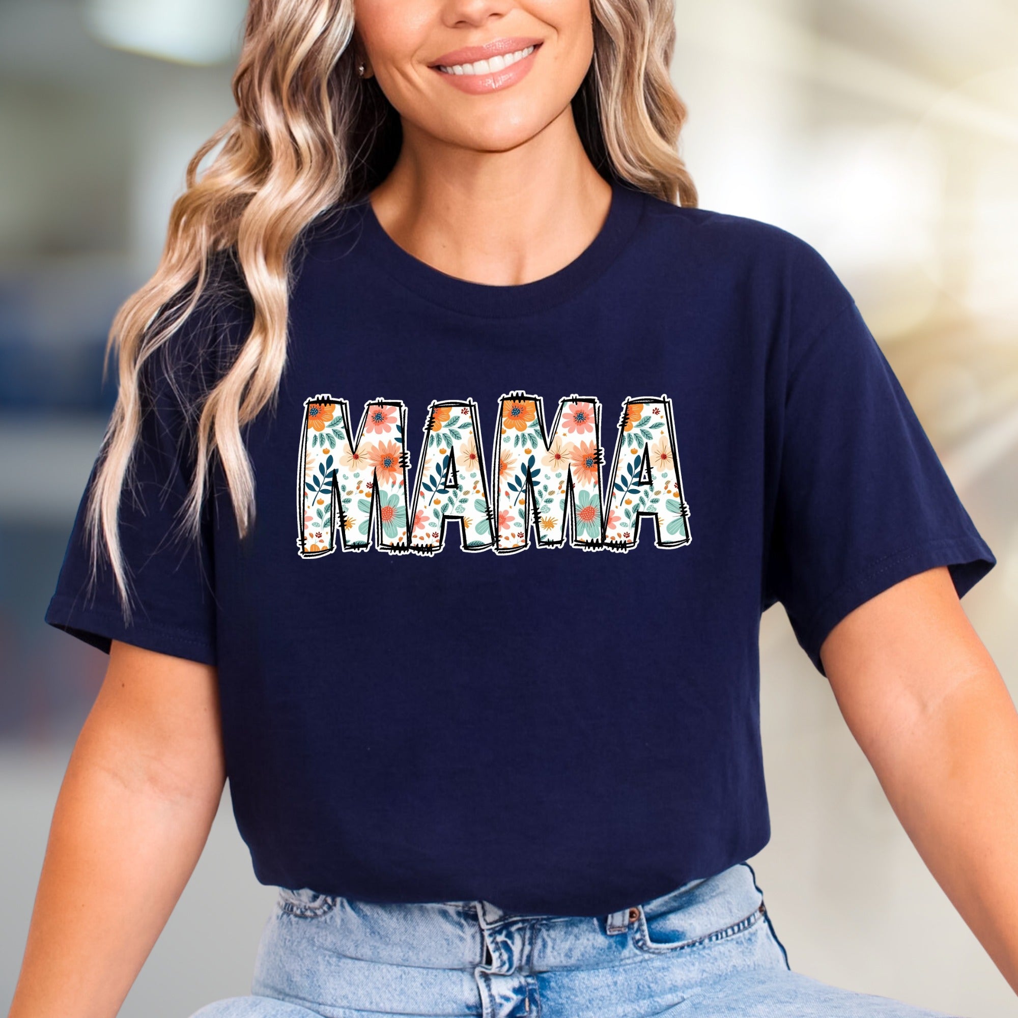 "MAMA" Floral Block Letter Graphic Tee, A Botanical Tribute for Moms