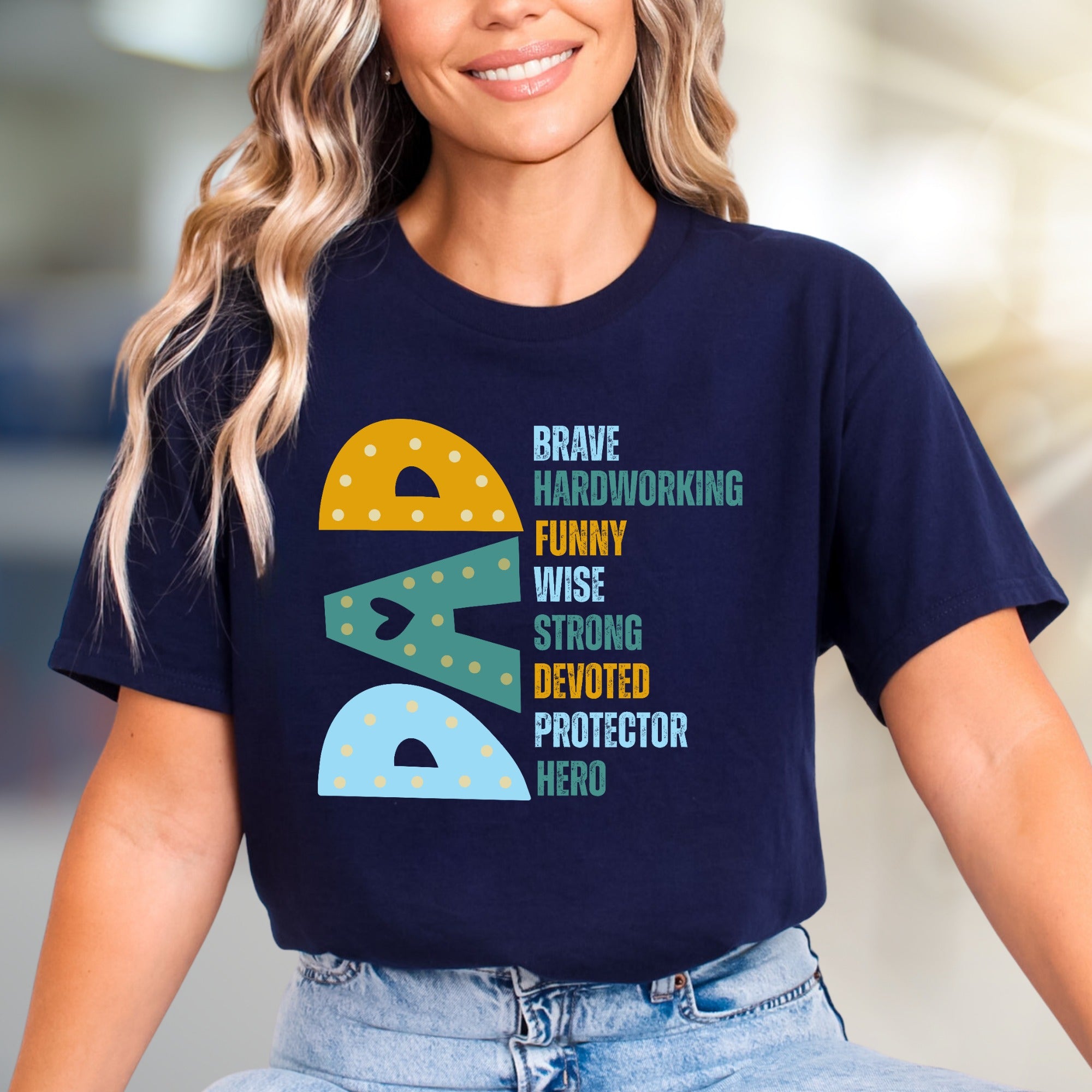 "Brave Hardworking Funny Wise Strong Devoted Protector Hero" Dad Tribute Graphic Tee, a Heartfelt Gift for Fathers