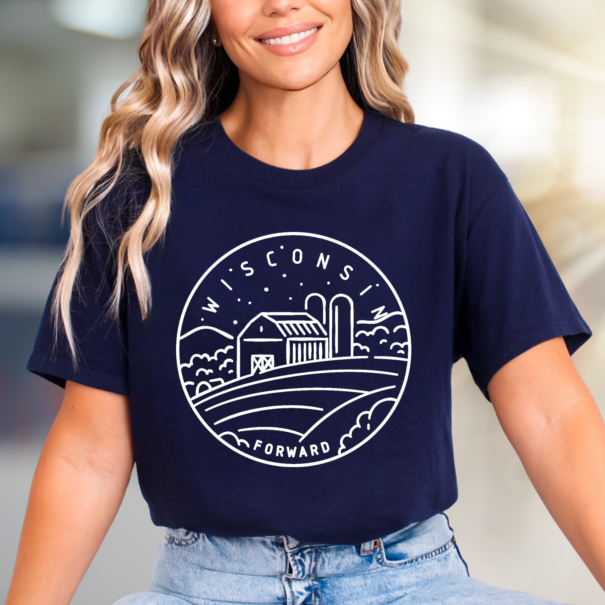 "Wisconsin Forward" Barn Landscape Graphic Tee, a State Pride Pick for Local Enthusiasts