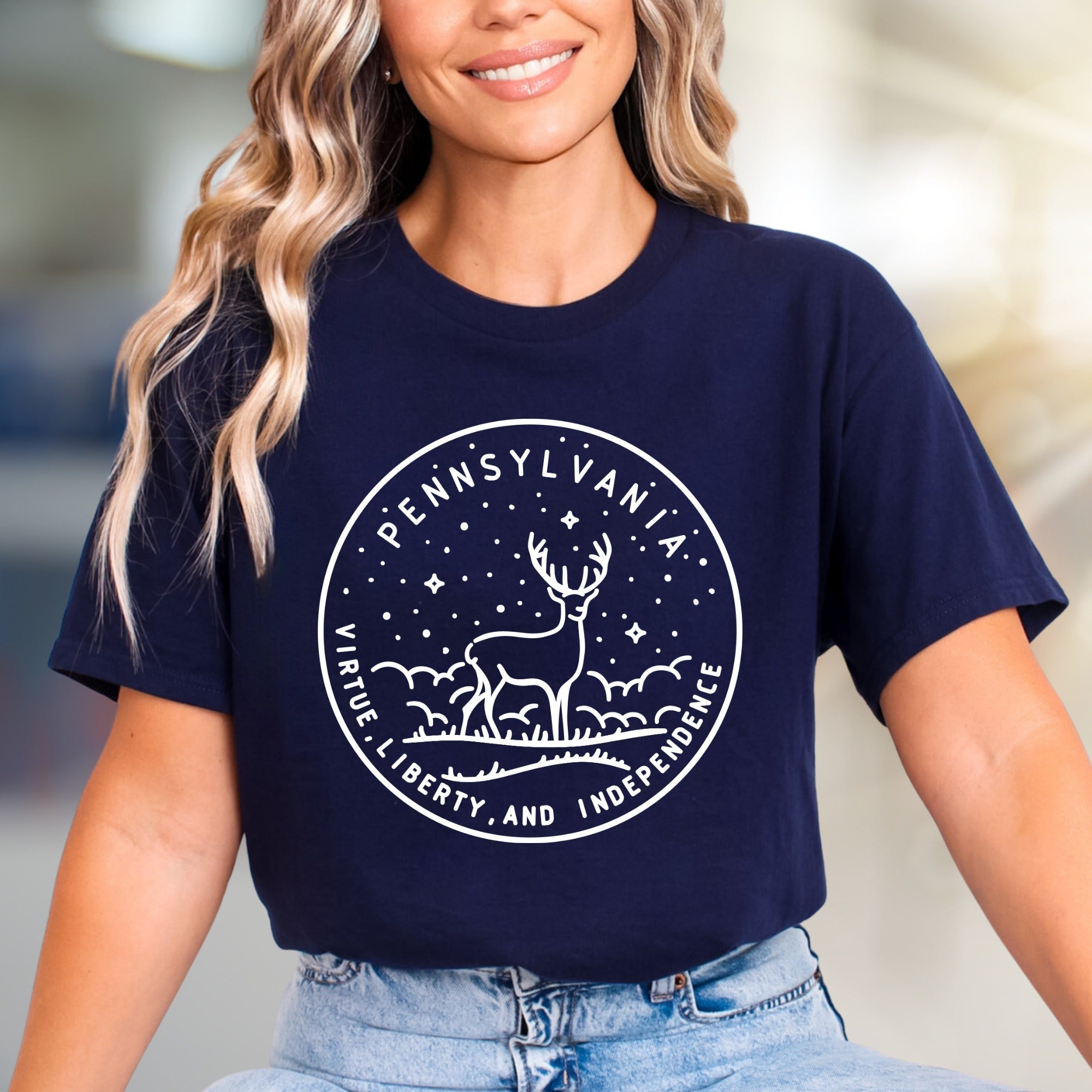 "Pennsylvania Virtue Liberty and Independence" Deer Graphic Tee, a State Pride Pick for Locals & Lovers