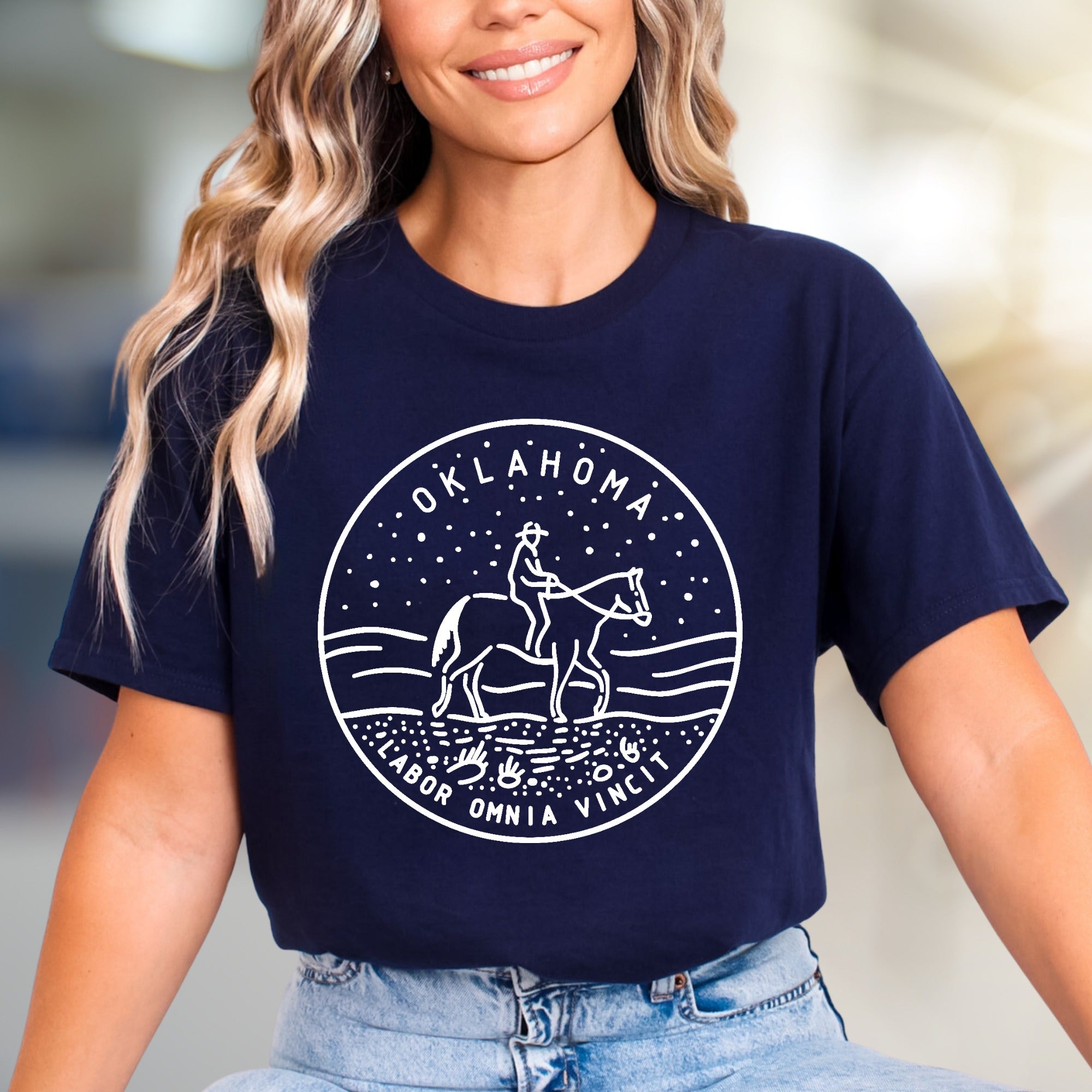 Oklahoma Labor Omnia Vincit Horse Rider & Stars Graphic Tee, a Western Enthusiast Pick for Casual Wearers