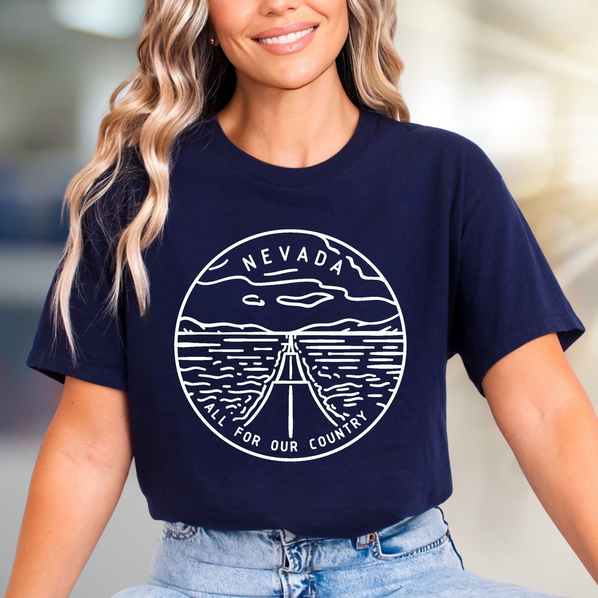 "NEVADA ALL FOR OUR COUNTRY" Road Trip Graphic Tee, a Patriotic Adventure Pick for Travelers